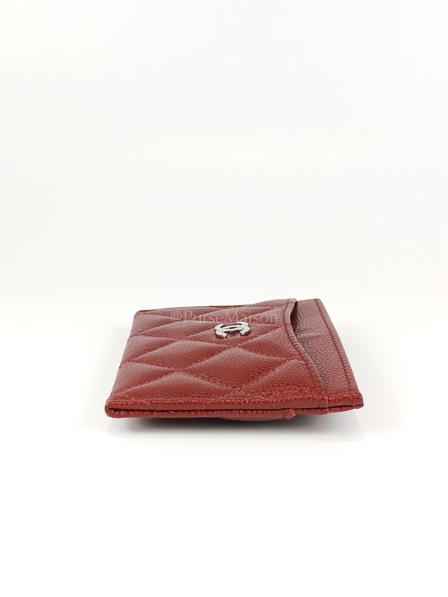 Classic Flat Card Holder in Burgundy Caviar Leather Silver Hardware (Series 30) | Purse Maison Luxury Bags Shop