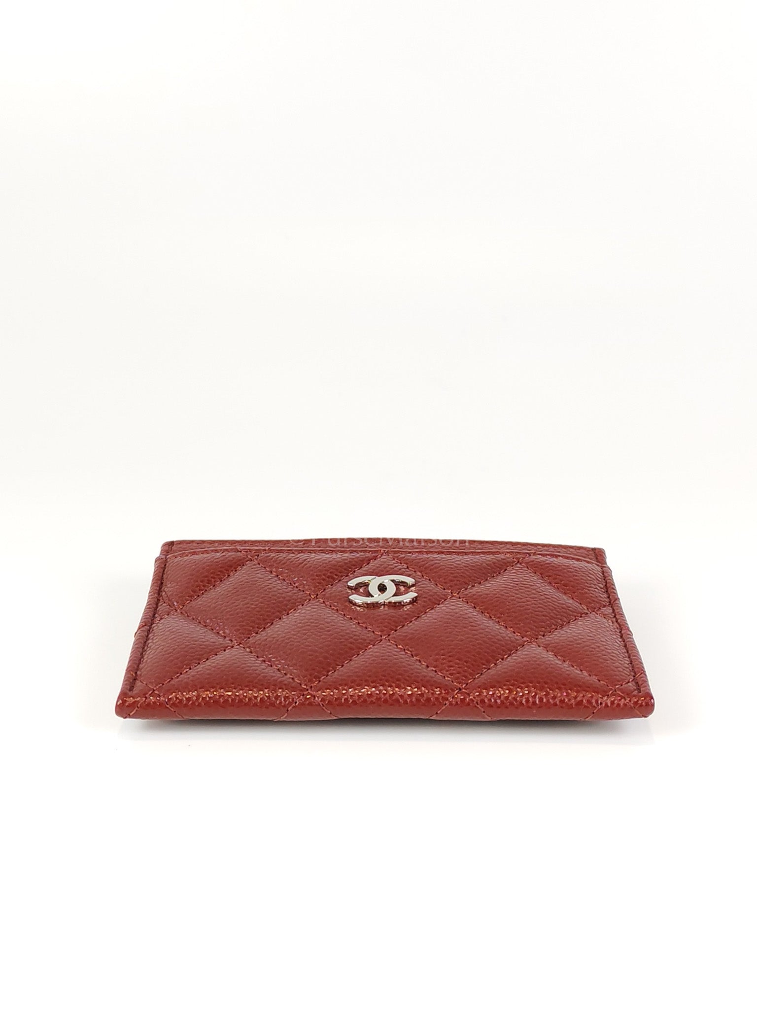 Classic Flat Card Holder in Burgundy Caviar Leather Silver Hardware (Series 30) | Purse Maison Luxury Bags Shop