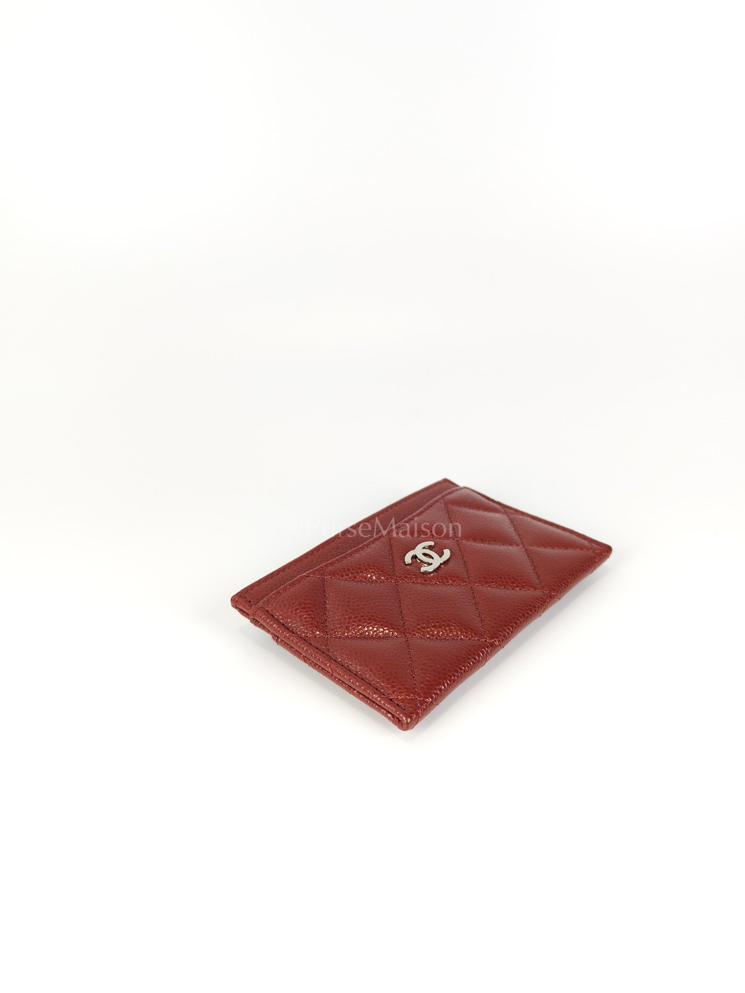 Classic Flat Card Holder in Burgundy Caviar Leather Silver Hardware (Series 30) | Purse Maison Luxury Bags Shop