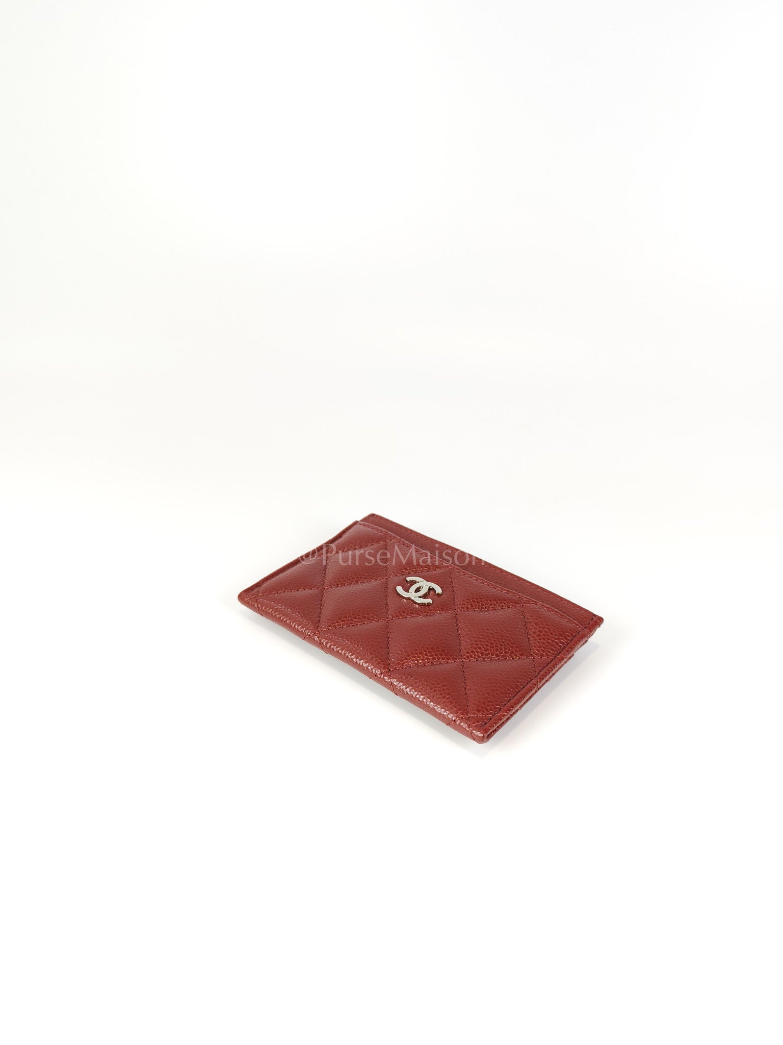 Classic Flat Card Holder in Burgundy Caviar Leather Silver Hardware (Series 30) | Purse Maison Luxury Bags Shop