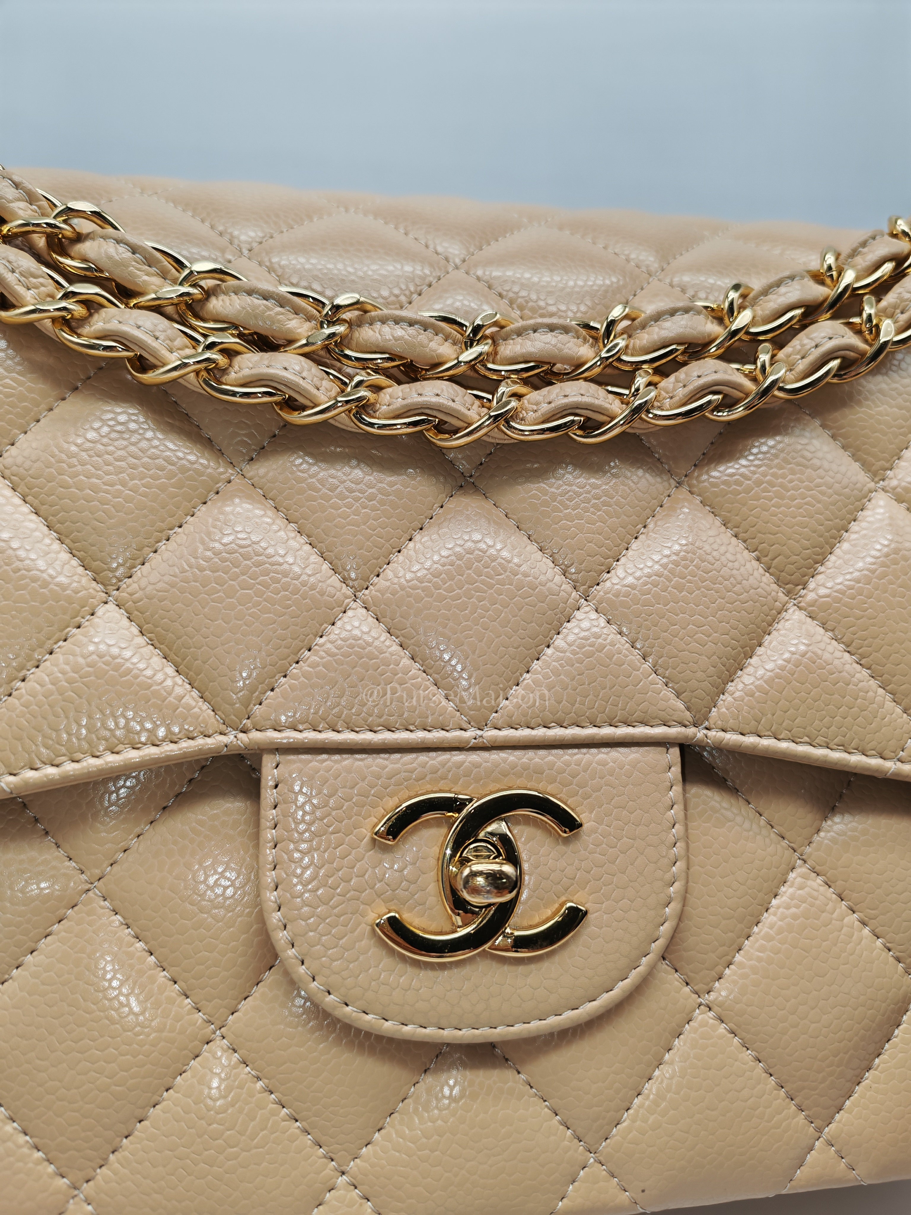 Classic Jumbo Double Flap in Beige Clair Leather and Gold Hardware Series 20 | Purse Maison Luxury Bags Shop
