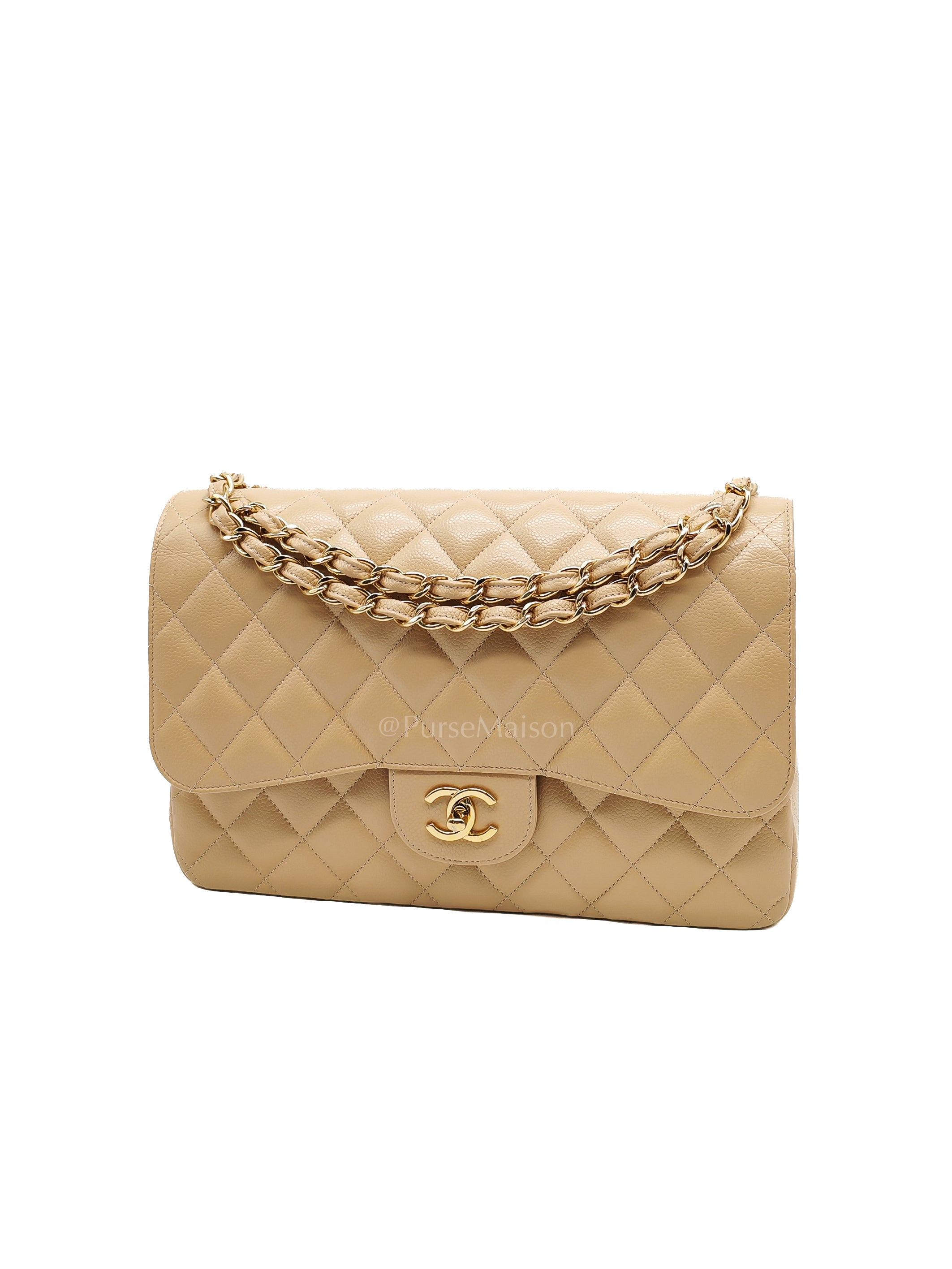 Classic Jumbo Double Flap in Beige Clair Leather and Gold Hardware Series 20 | Purse Maison Luxury Bags Shop