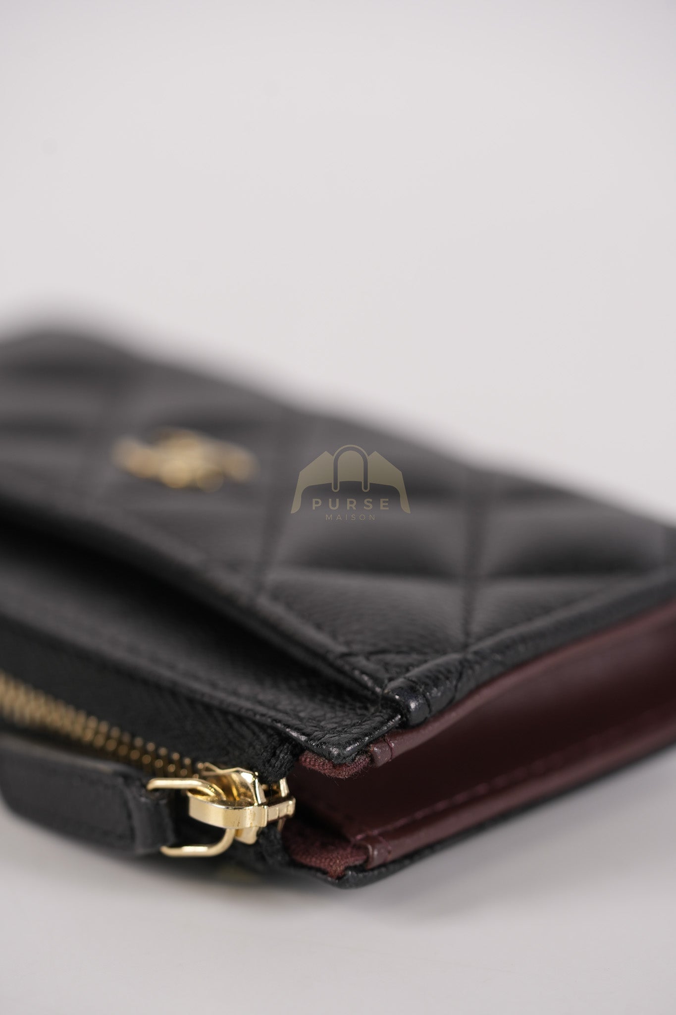 Classic L-Shaped Coin Card Case in Black Quilted Caviar Leather and Light Gold Hardware (Microchip) | Purse Maison Luxury Bags Shop