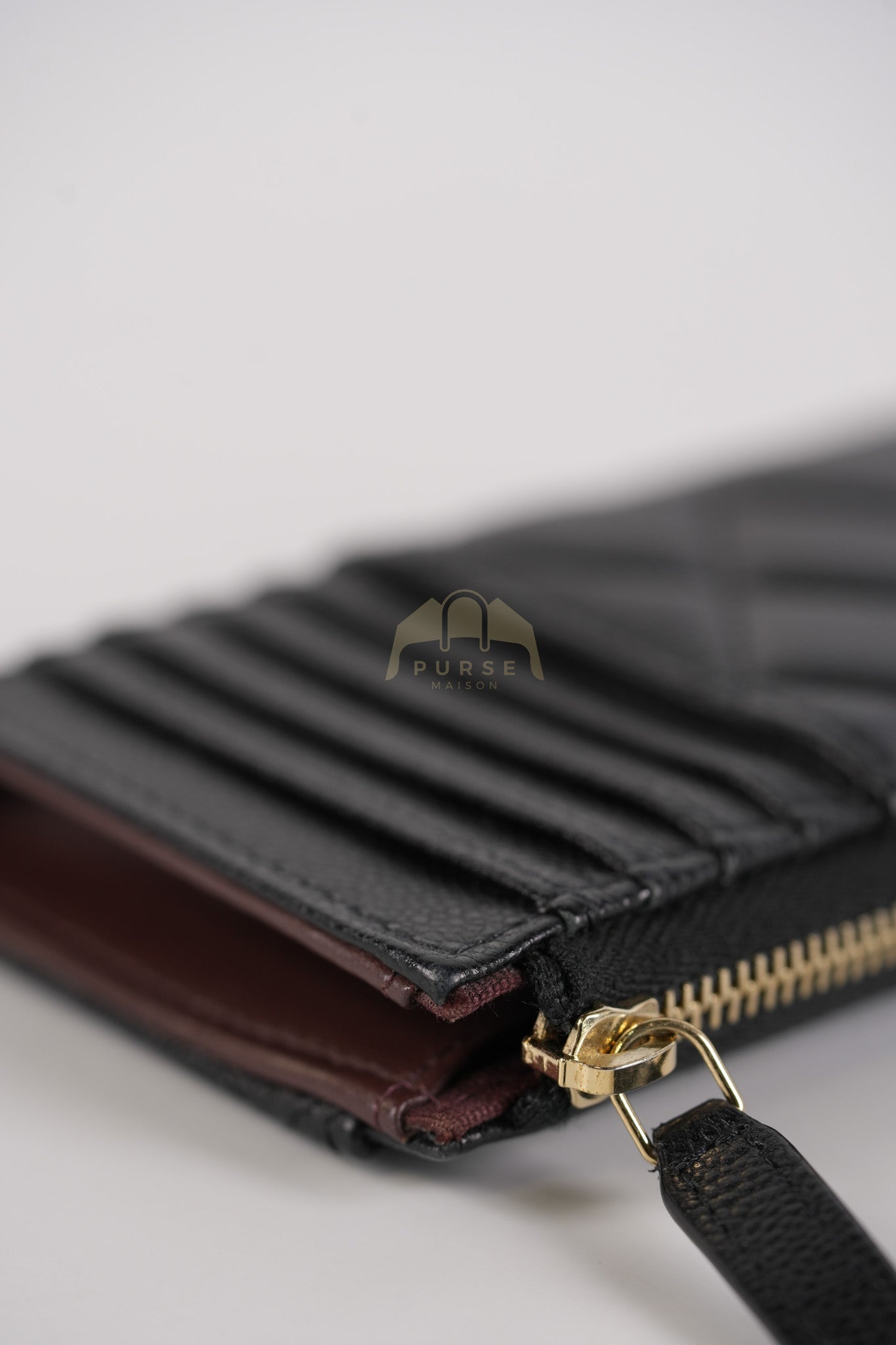 Classic L-Shaped Coin Card Case in Black Quilted Caviar Leather and Light Gold Hardware (Microchip) | Purse Maison Luxury Bags Shop