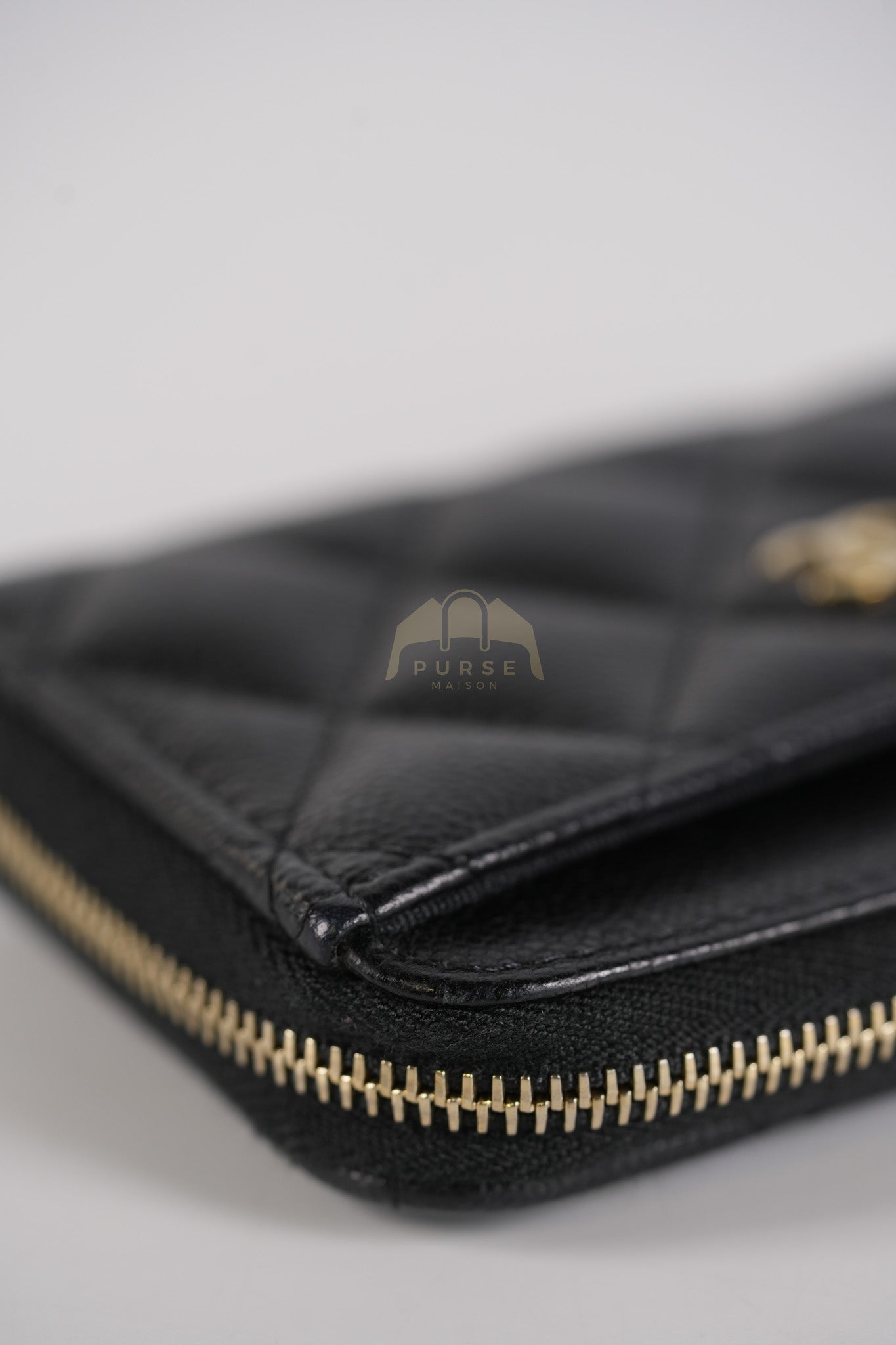 Classic L-Shaped Coin Card Case in Black Quilted Caviar Leather and Light Gold Hardware (Microchip) | Purse Maison Luxury Bags Shop