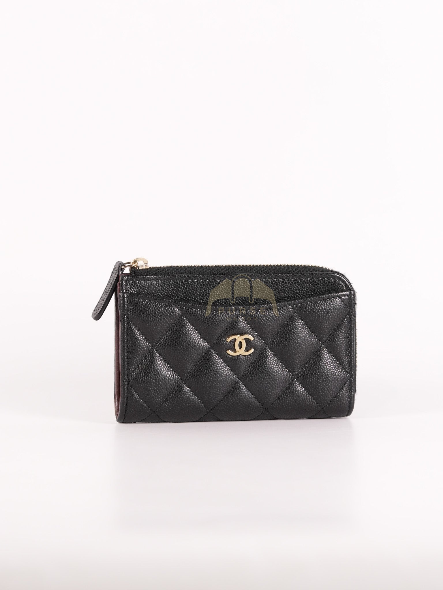 Classic L-Shaped Coin Card Case in Black Quilted Caviar Leather and Light Gold Hardware (Microchip) | Purse Maison Luxury Bags Shop