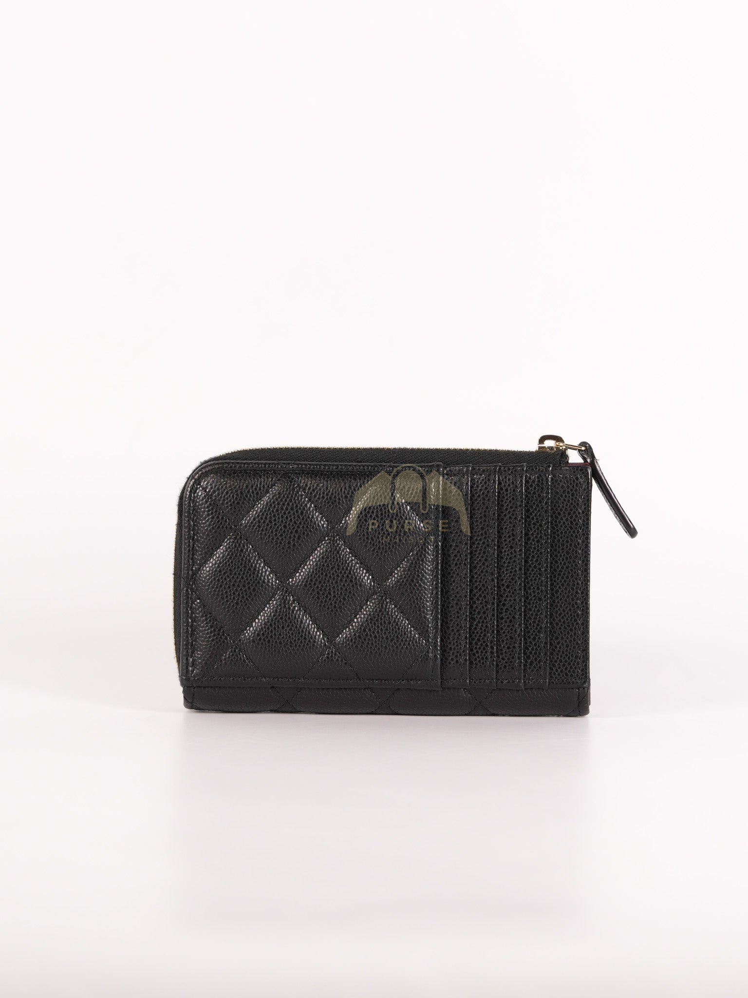 Classic L-Shaped Coin Card Case in Black Quilted Caviar Leather and Light Gold Hardware (Microchip) | Purse Maison Luxury Bags Shop