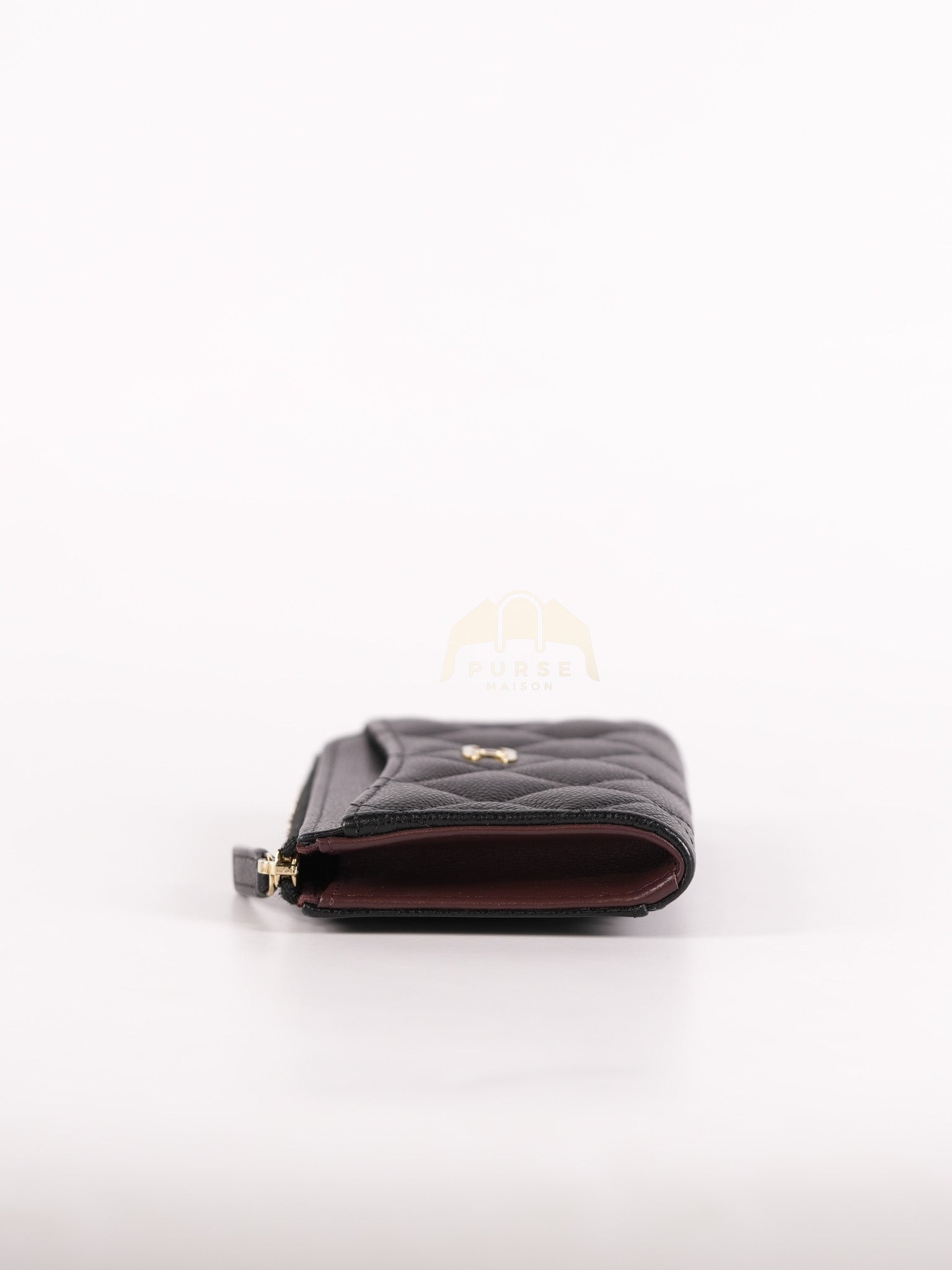 Classic L-Shaped Coin Card Case in Black Quilted Caviar Leather and Light Gold Hardware (Microchip) | Purse Maison Luxury Bags Shop