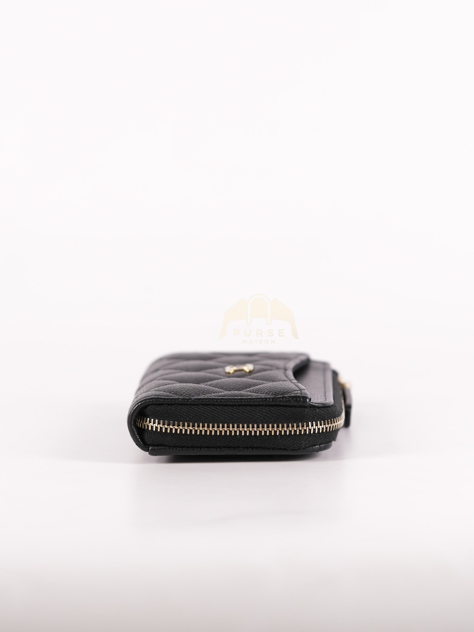 Classic L-Shaped Coin Card Case in Black Quilted Caviar Leather and Light Gold Hardware (Microchip) | Purse Maison Luxury Bags Shop