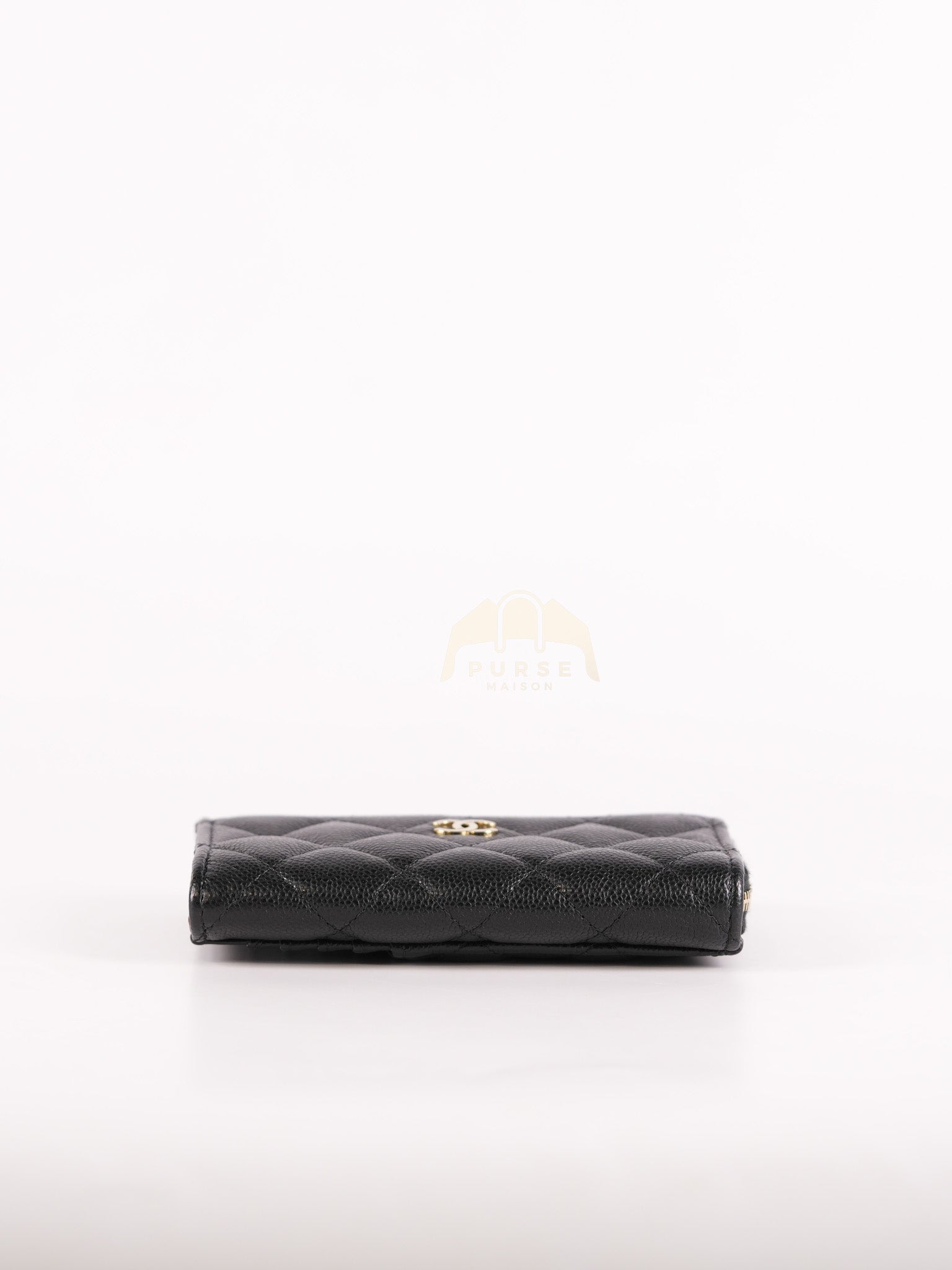 Classic L-Shaped Coin Card Case in Black Quilted Caviar Leather and Light Gold Hardware (Microchip) | Purse Maison Luxury Bags Shop