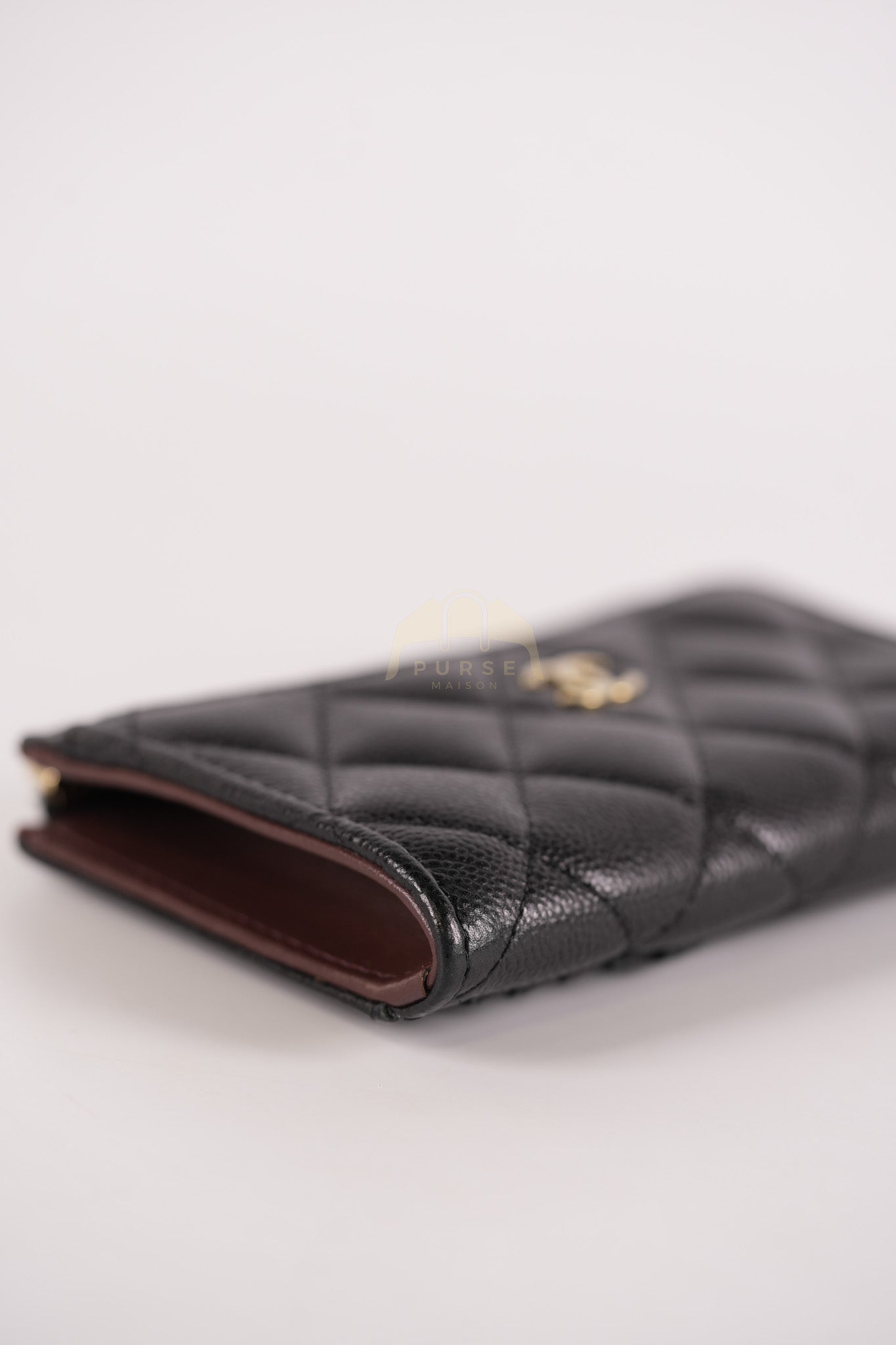 Classic L-Shaped Coin Card Case in Black Quilted Caviar Leather and Light Gold Hardware (Microchip) | Purse Maison Luxury Bags Shop