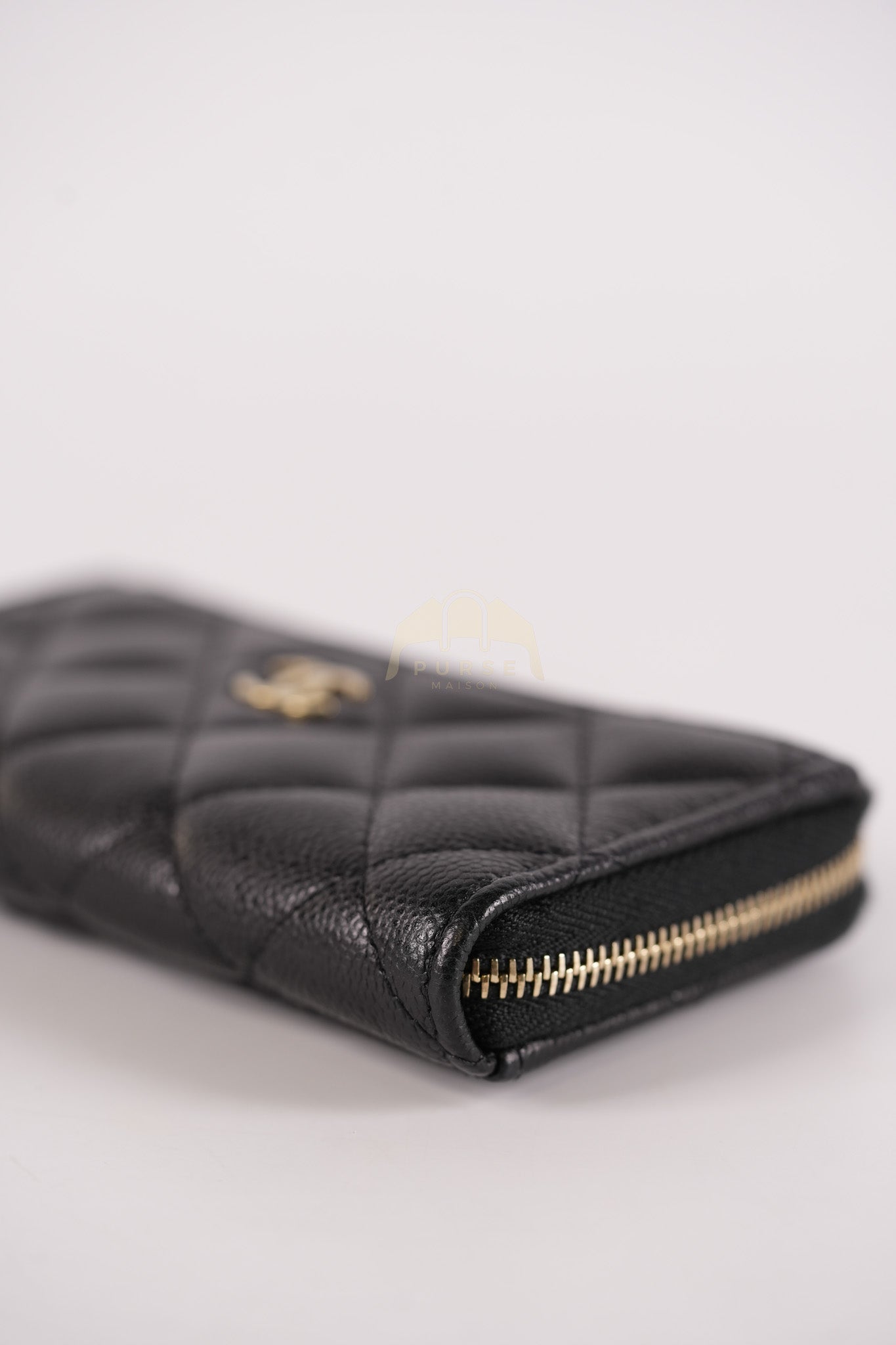 Classic L-Shaped Coin Card Case in Black Quilted Caviar Leather and Light Gold Hardware (Microchip) | Purse Maison Luxury Bags Shop