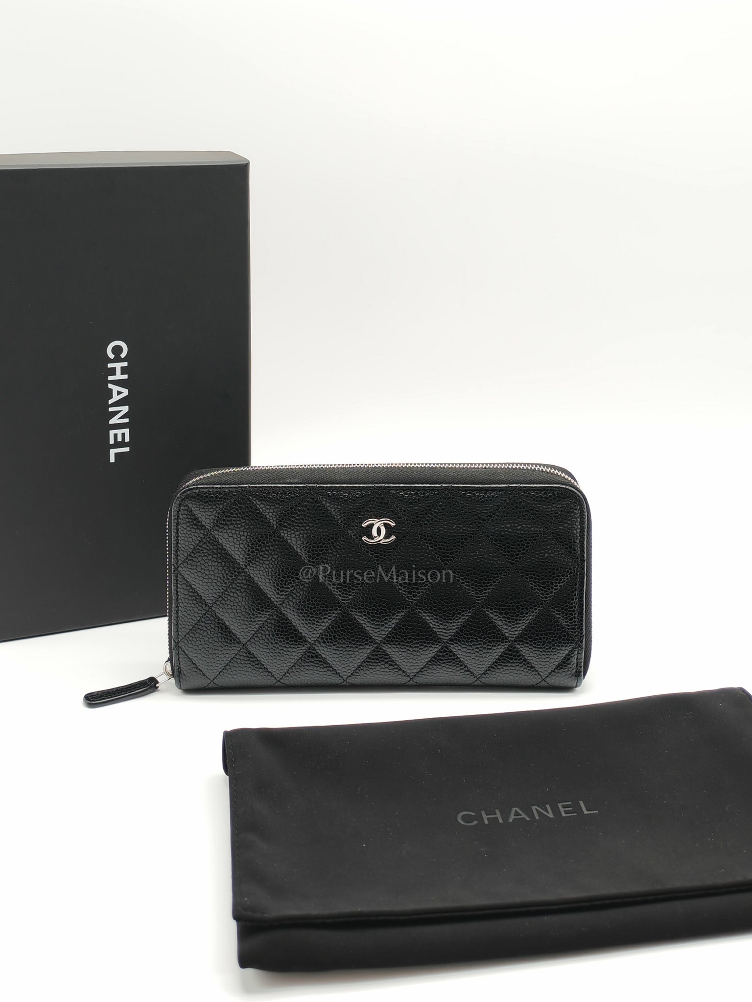 Classic Long Zipped Wallet in Black Caviar Leather & Palladium Hardware Microchip | Purse Maison Luxury Bags Shop