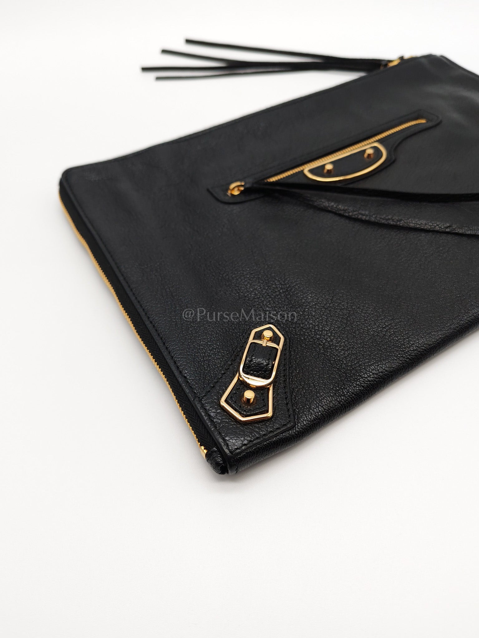 Classic Metallic Edge Clutch in Black Calfskin Leather | Purse Maison Luxury Bags Shop