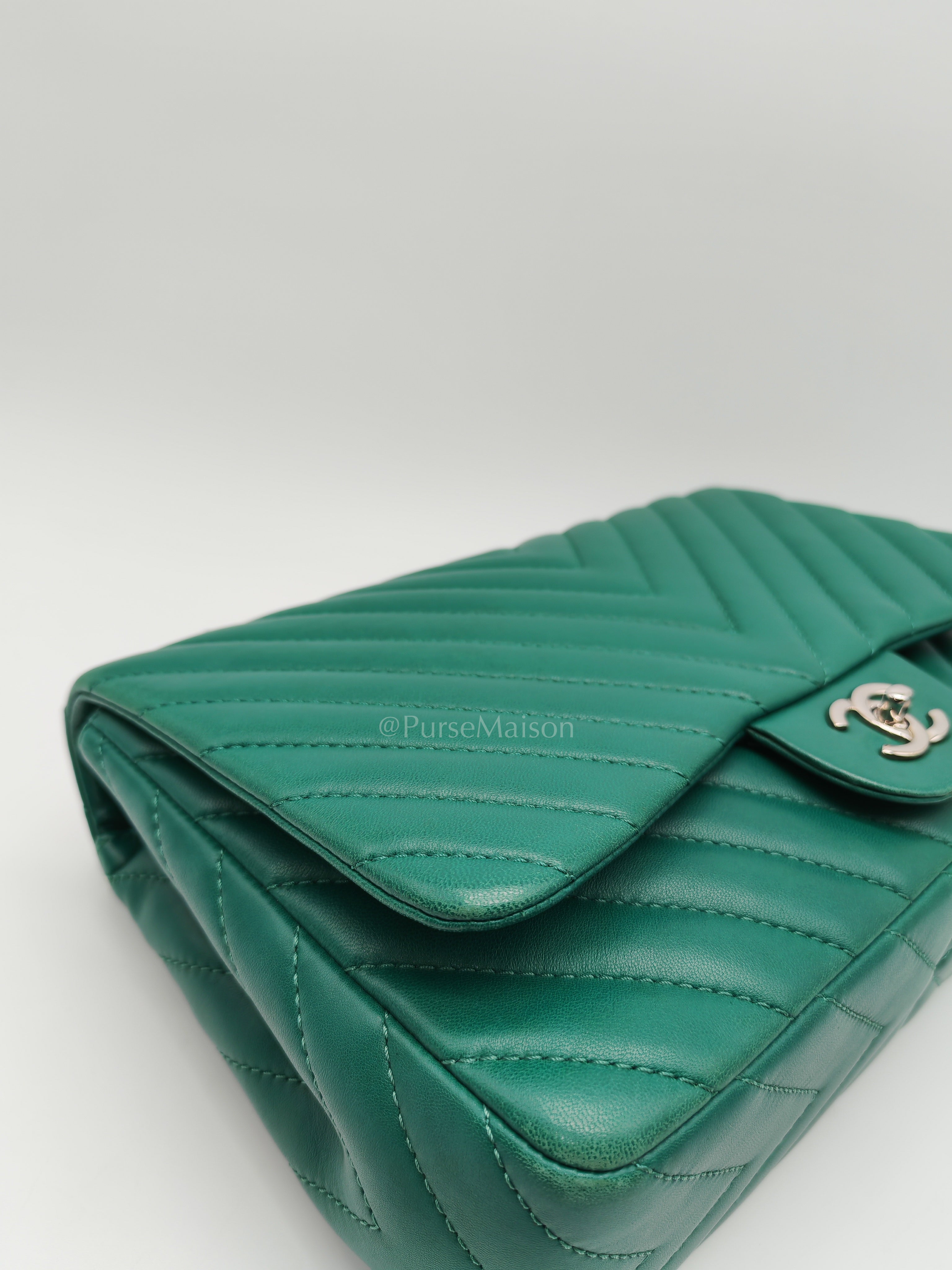 Classic Single Flap in Green Chevron Lambskin Leather & Silver Hardware (Series 13) | Purse Maison Luxury Bags Shop