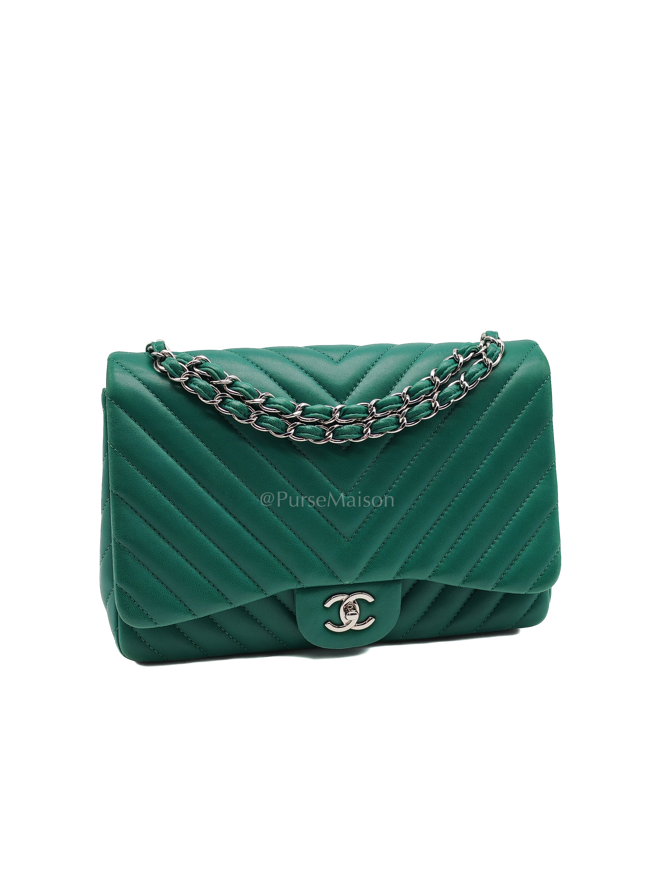Classic Single Flap in Green Chevron Lambskin Leather & Silver Hardware (Series 13) | Purse Maison Luxury Bags Shop