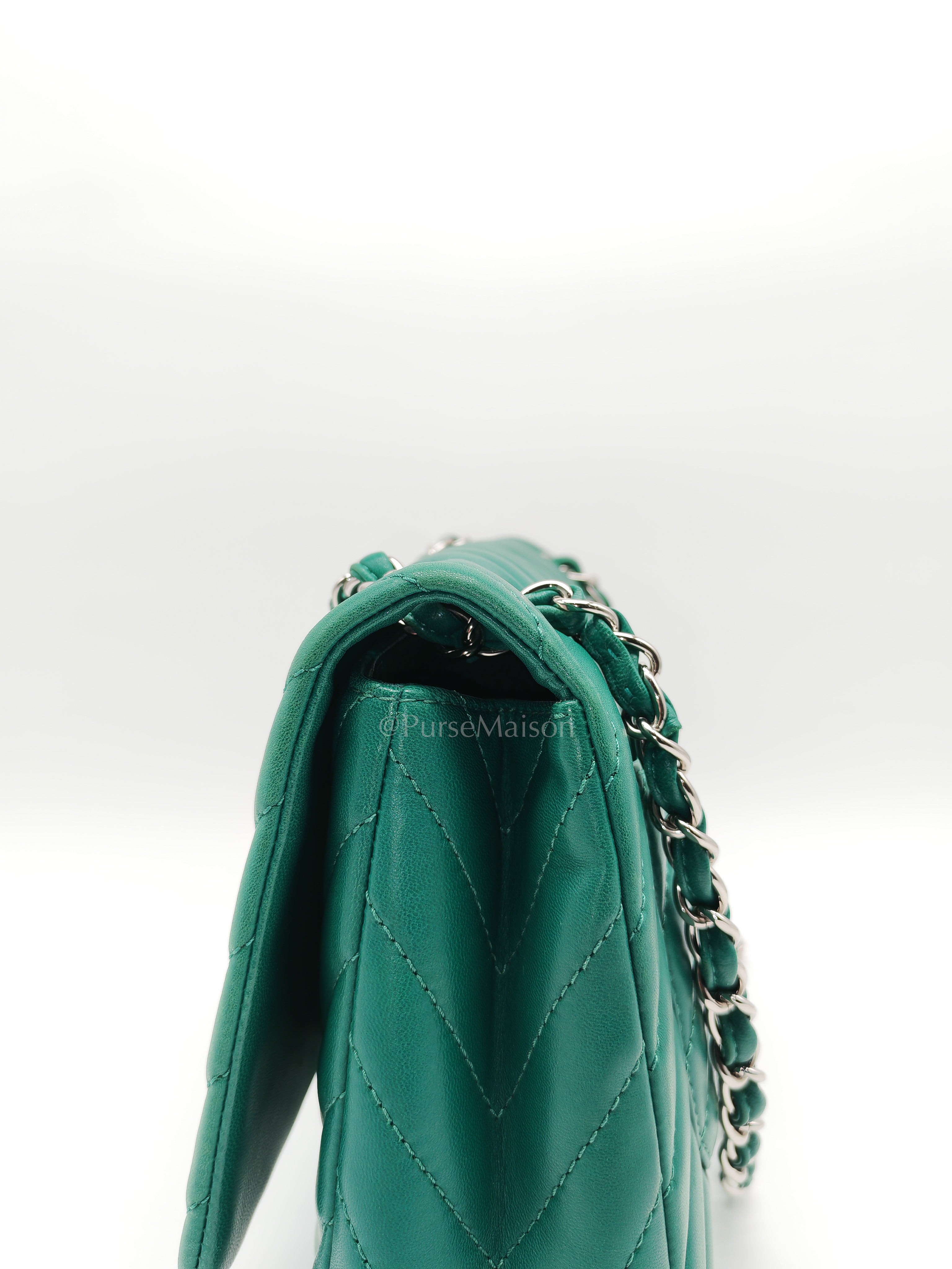 Classic Single Flap in Green Chevron Lambskin Leather & Silver Hardware (Series 13) | Purse Maison Luxury Bags Shop