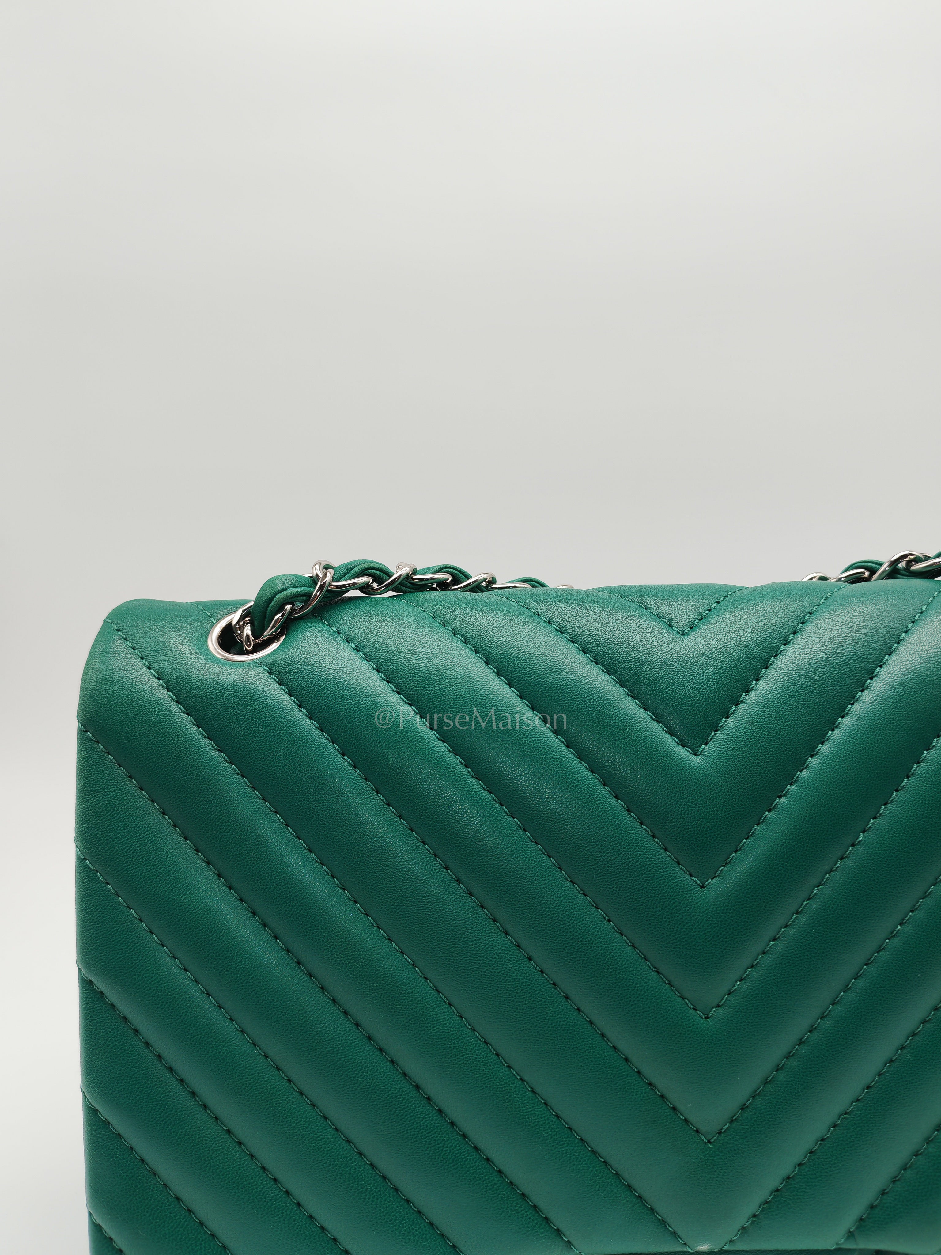 Classic Single Flap in Green Chevron Lambskin Leather & Silver Hardware (Series 13) | Purse Maison Luxury Bags Shop