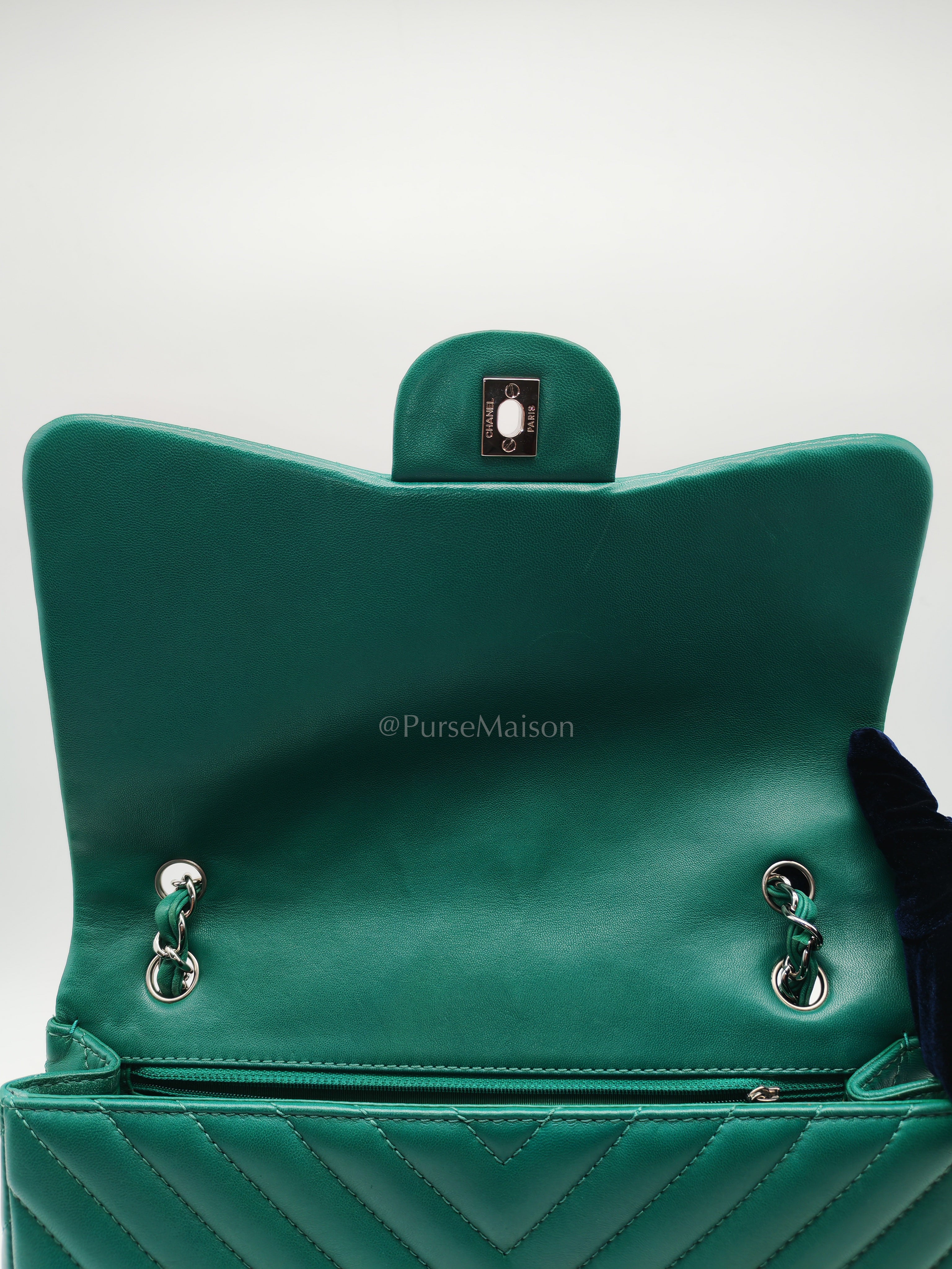 Classic Single Flap in Green Chevron Lambskin Leather & Silver Hardware (Series 13) | Purse Maison Luxury Bags Shop