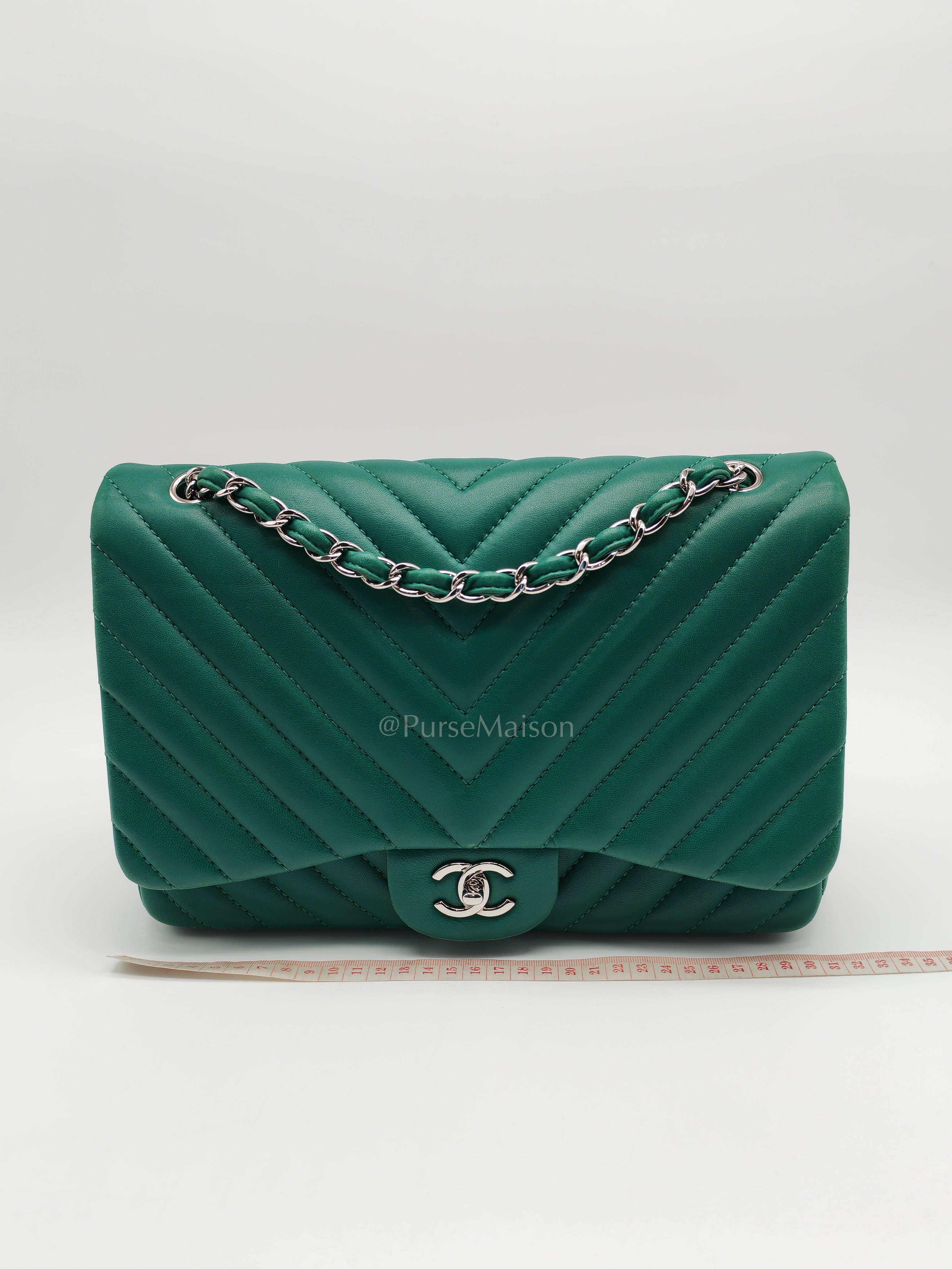Classic Single Flap in Green Chevron Lambskin Leather & Silver Hardware (Series 13) | Purse Maison Luxury Bags Shop