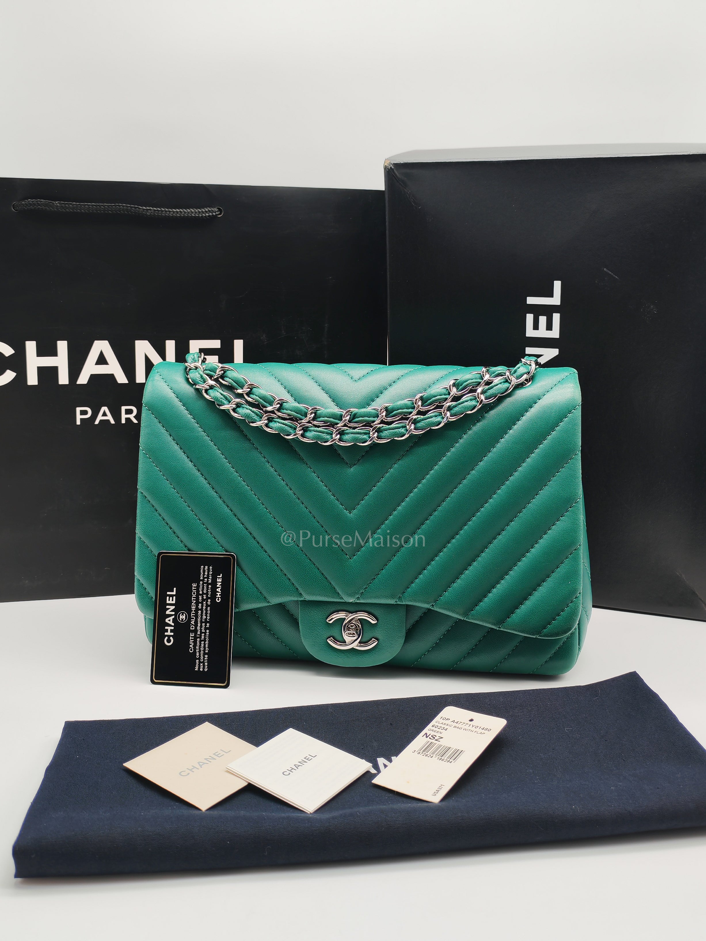 Classic Single Flap in Green Chevron Lambskin Leather & Silver Hardware (Series 13) | Purse Maison Luxury Bags Shop