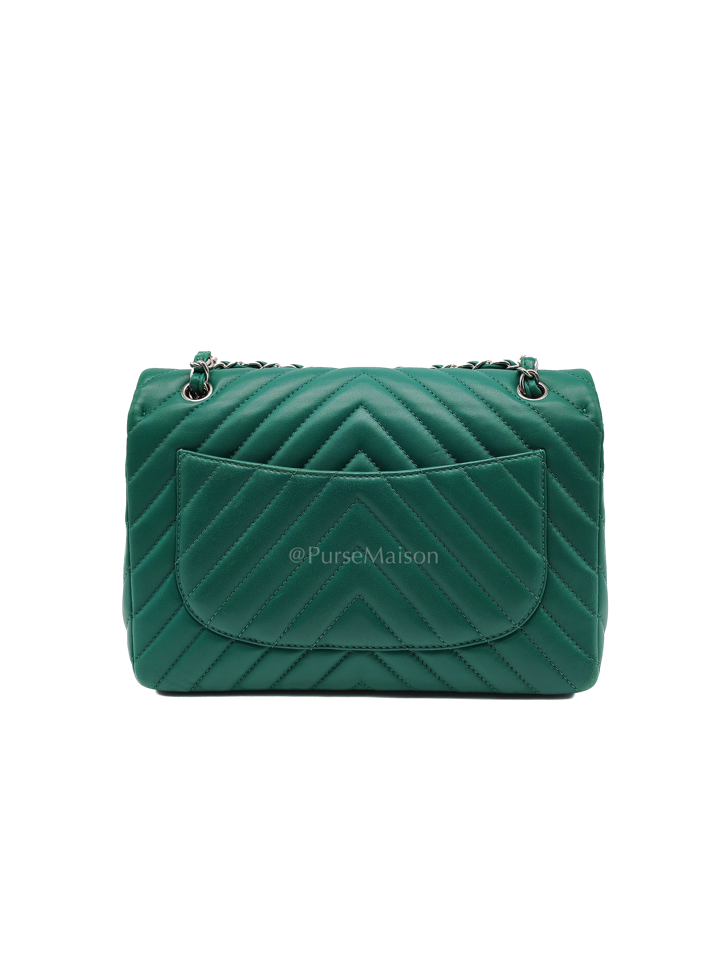 Classic Single Flap in Green Chevron Lambskin Leather & Silver Hardware (Series 13) | Purse Maison Luxury Bags Shop