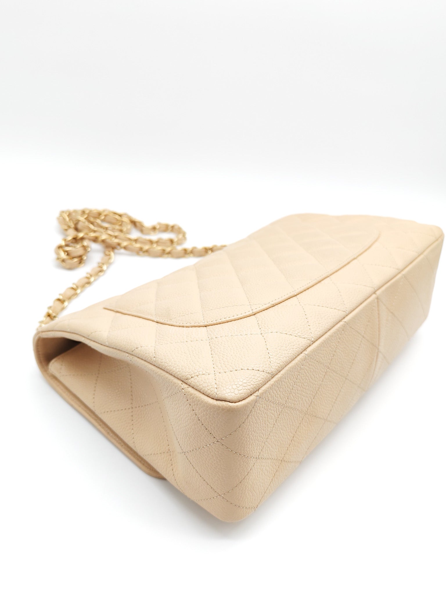 Classic Single Flap Jumbo Claire Beige Caviar Leather in Gold Hardware (Series 13) | Purse Maison Luxury Bags Shop