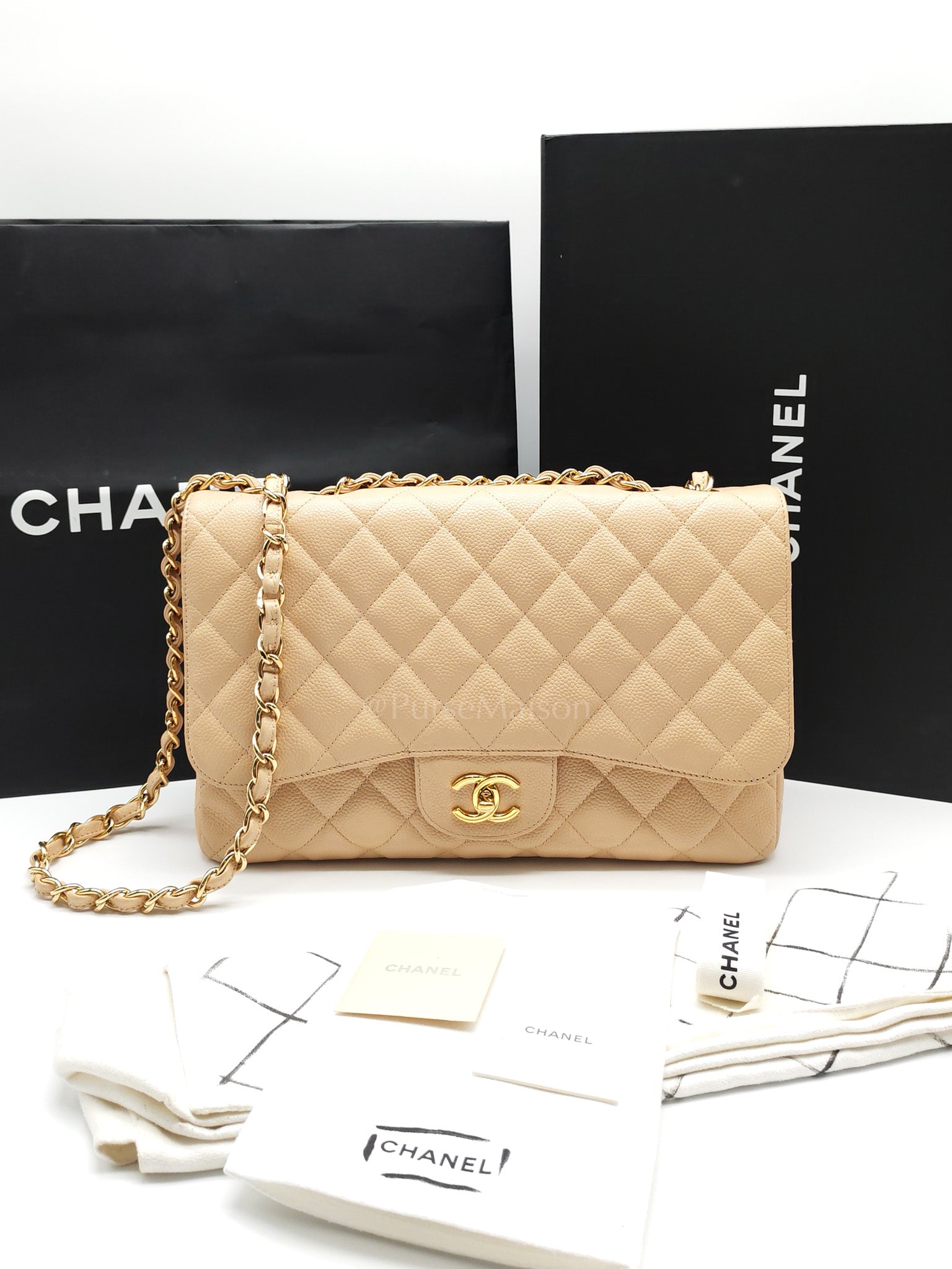Classic Single Flap Jumbo Claire Beige Caviar Leather in Gold Hardware (Series 13) | Purse Maison Luxury Bags Shop