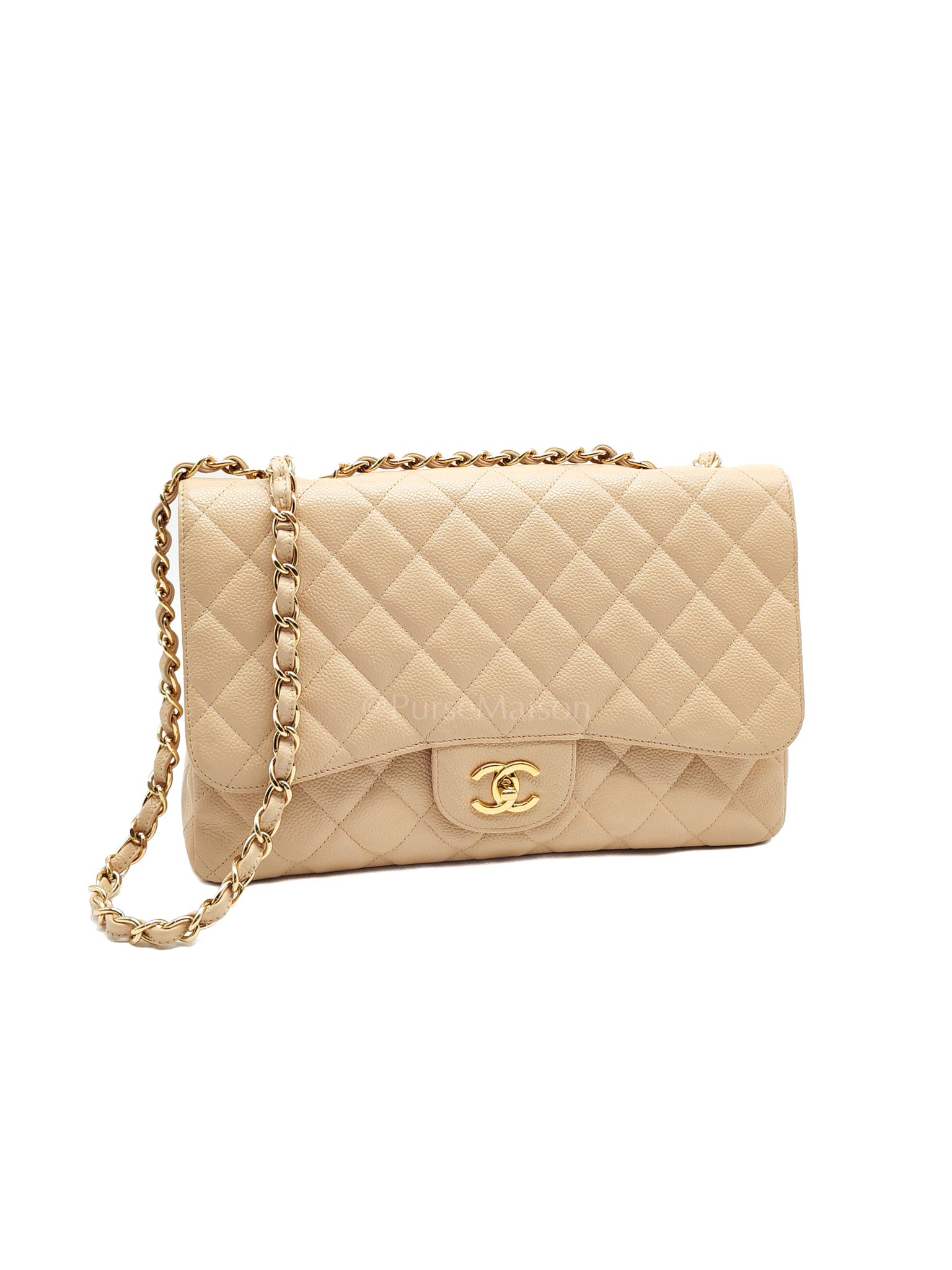 Classic Single Flap Jumbo Claire Beige Caviar Leather in Gold Hardware (Series 13) | Purse Maison Luxury Bags Shop