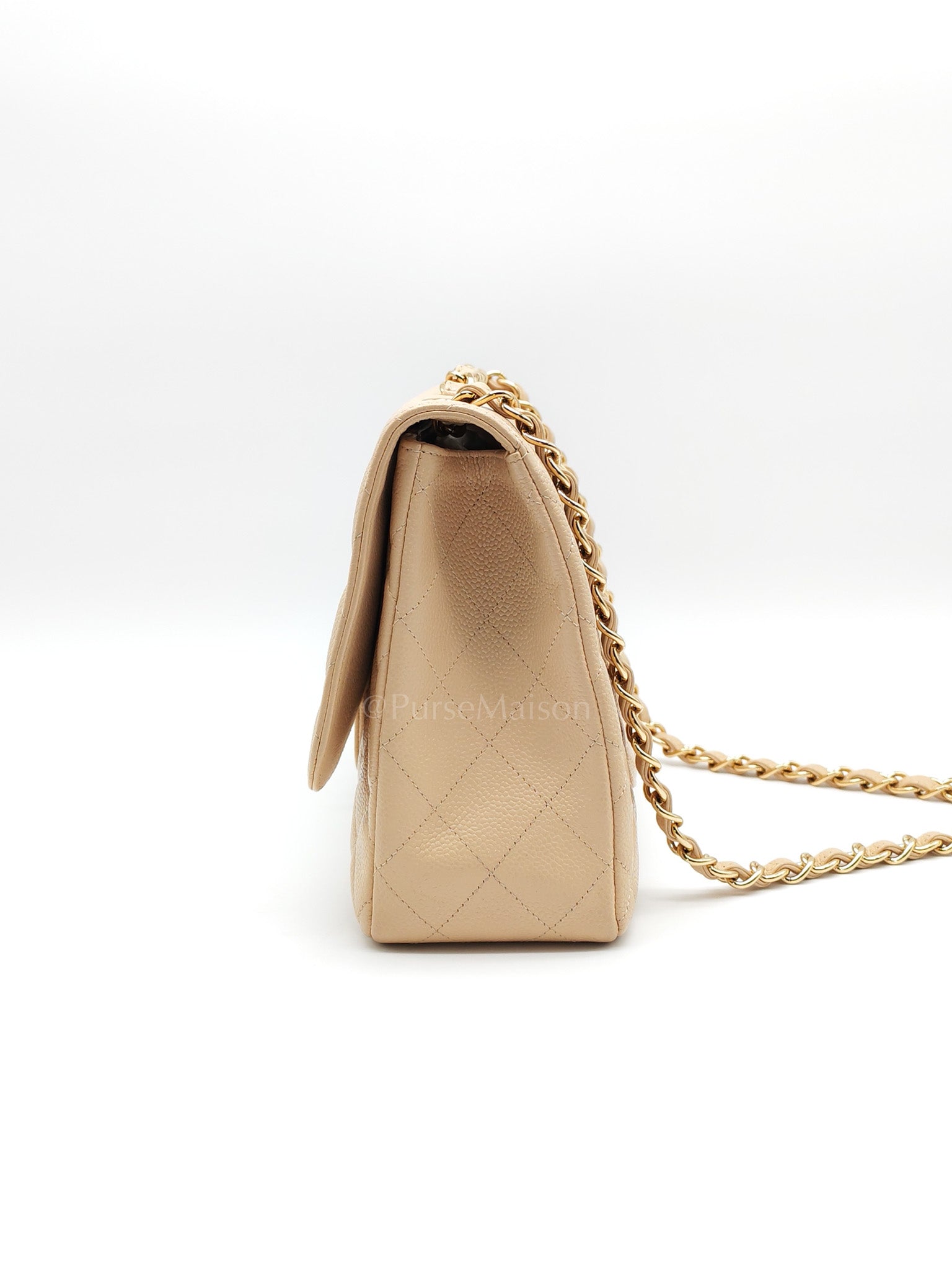 Classic Single Flap Jumbo Claire Beige Caviar Leather in Gold Hardware (Series 13) | Purse Maison Luxury Bags Shop