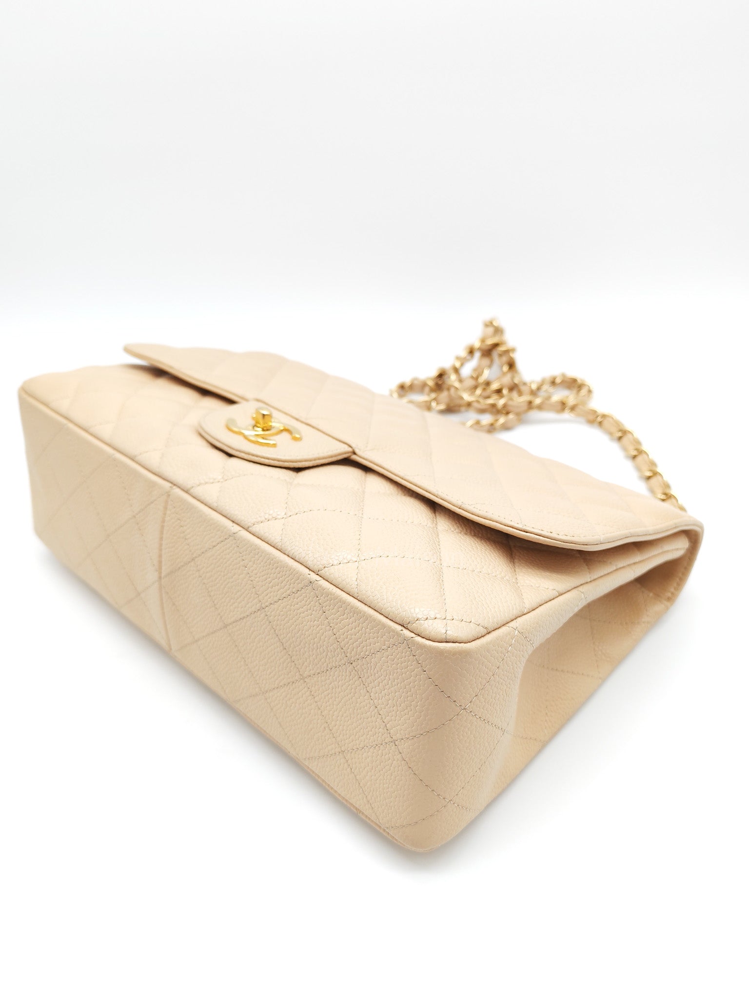 Classic Single Flap Jumbo Claire Beige Caviar Leather in Gold Hardware (Series 13) | Purse Maison Luxury Bags Shop