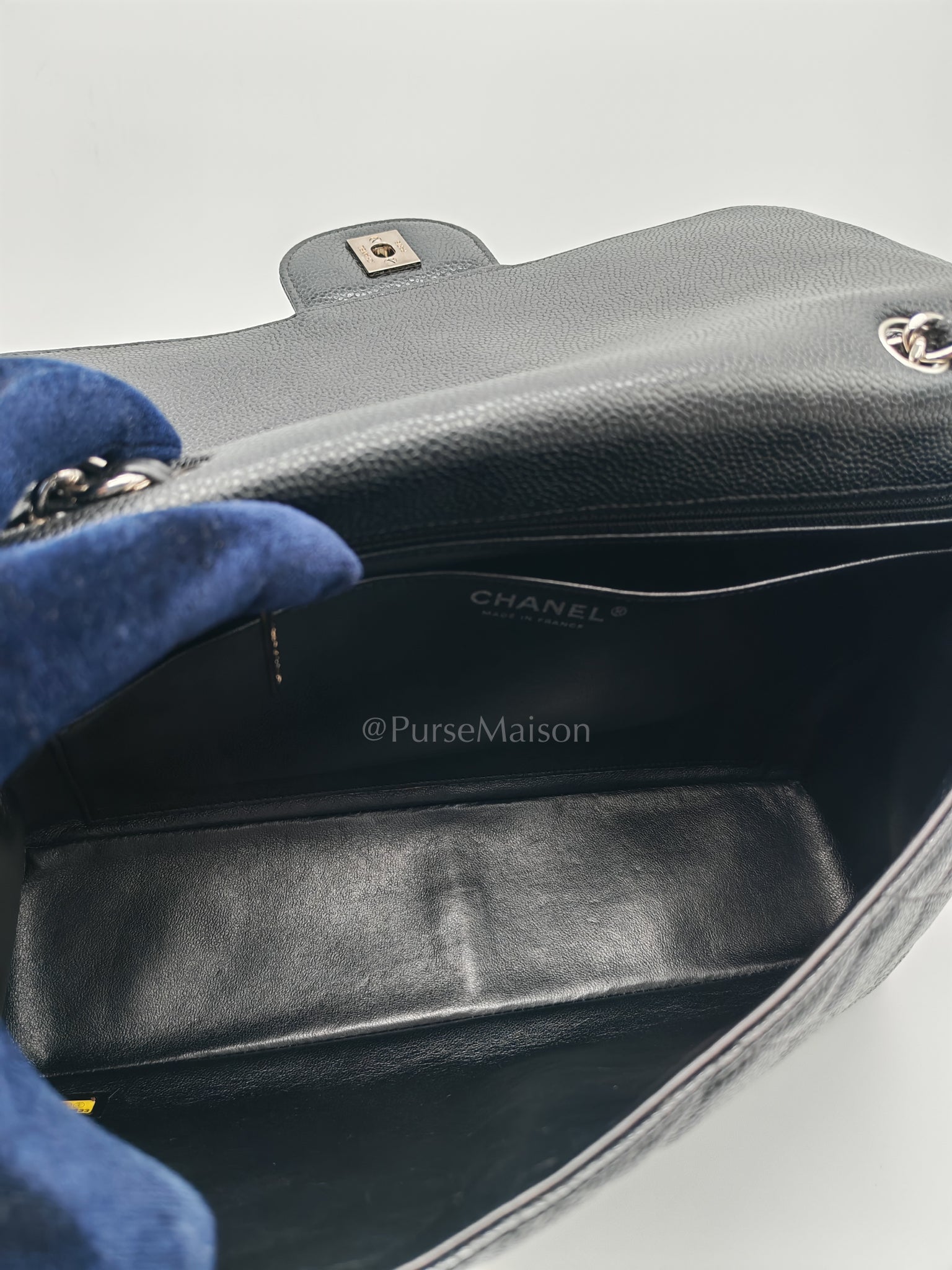 Classic Single Flap Jumbo in Black Caviar Leather in Silver Hardware Series 12 | Purse Maison Luxury Bags Shop