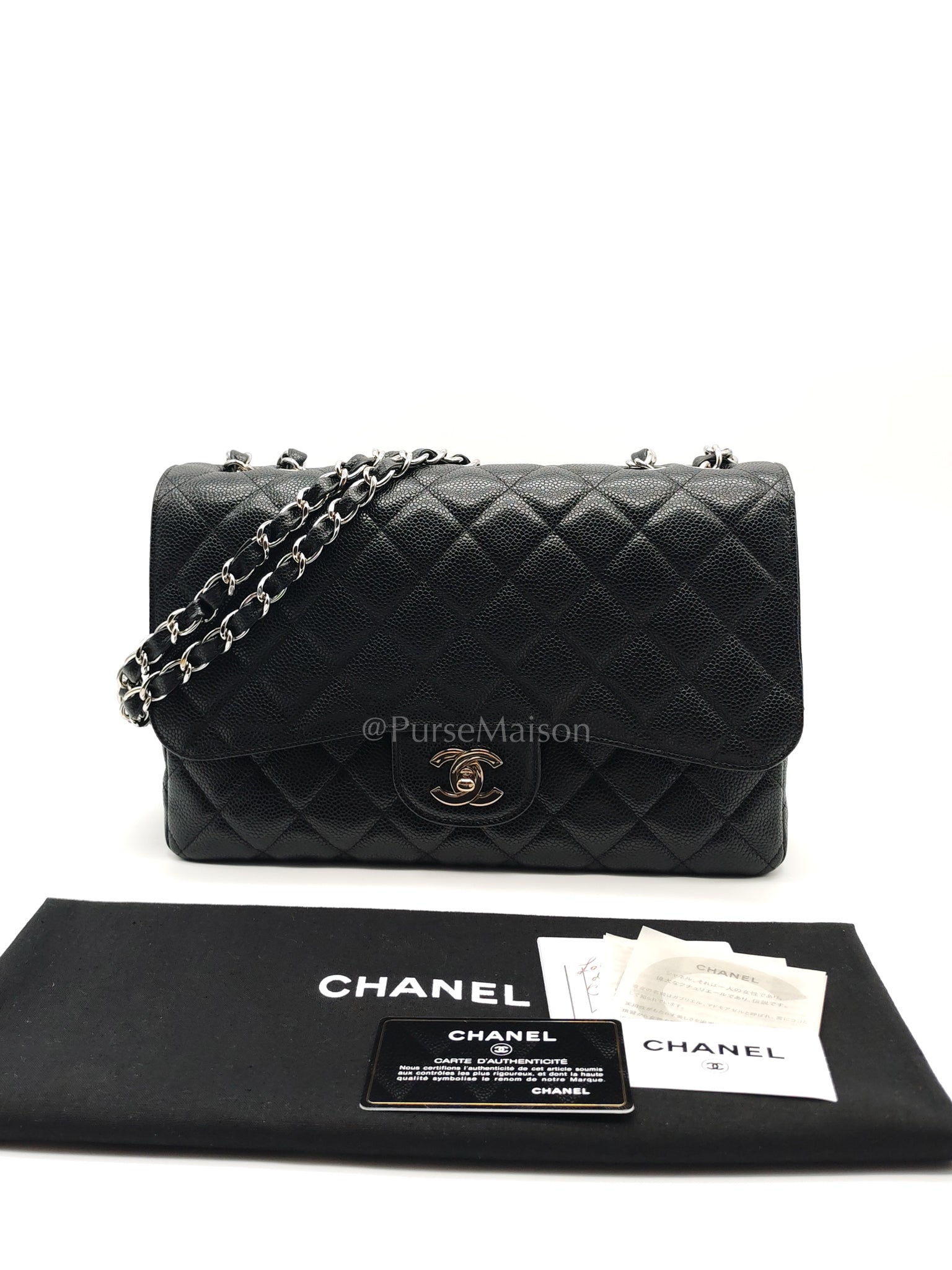 Classic Single Flap Jumbo in Black Caviar Leather in Silver Hardware Series 12 | Purse Maison Luxury Bags Shop