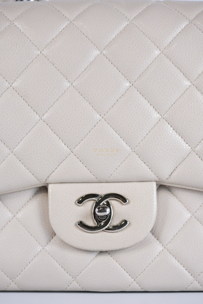 Classic Single Flap Jumbo in Light Gray Caviar Leather and Silver Hardware (Series 14) | Purse Maison Luxury Bags Shop