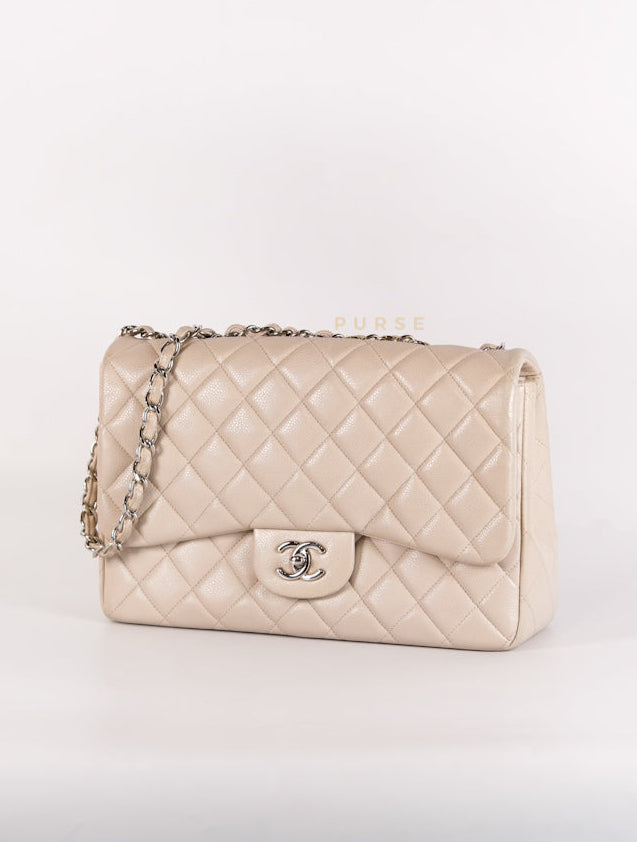 Classic Single Flap Jumbo in Light Gray Caviar Leather and Silver Hardware (Series 14) | Purse Maison Luxury Bags Shop