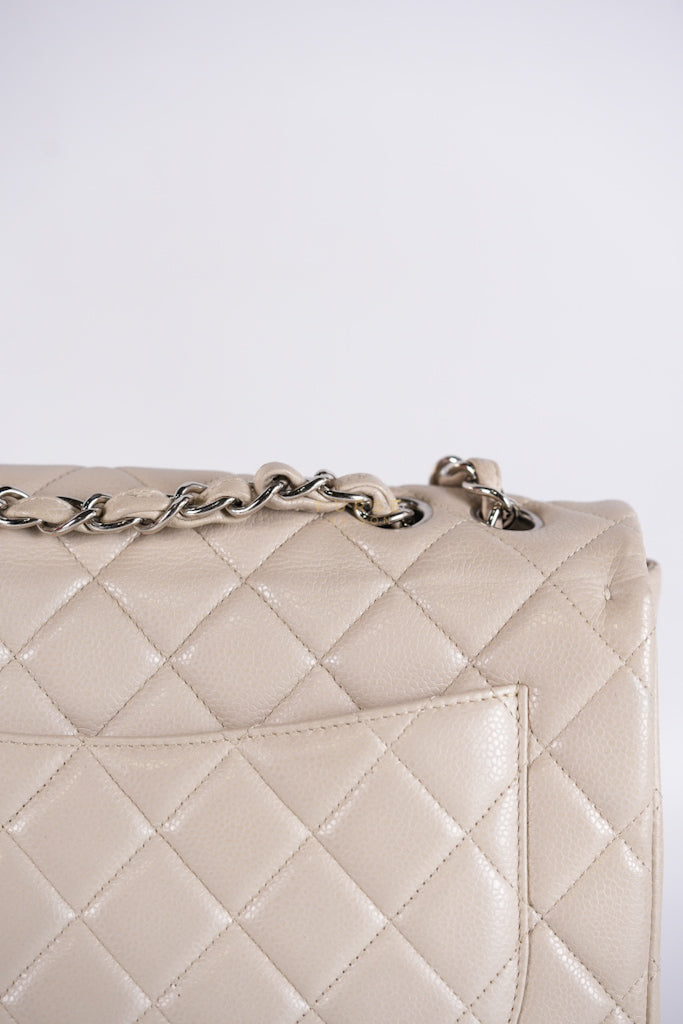 Classic Single Flap Jumbo in Light Gray Caviar Leather and Silver Hardware (Series 14) | Purse Maison Luxury Bags Shop