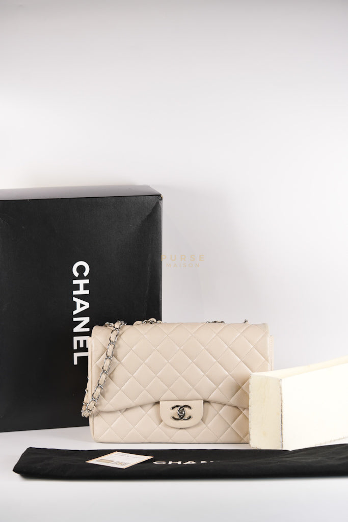 Classic Single Flap Jumbo in Light Gray Caviar Leather and Silver Hardware (Series 14) | Purse Maison Luxury Bags Shop