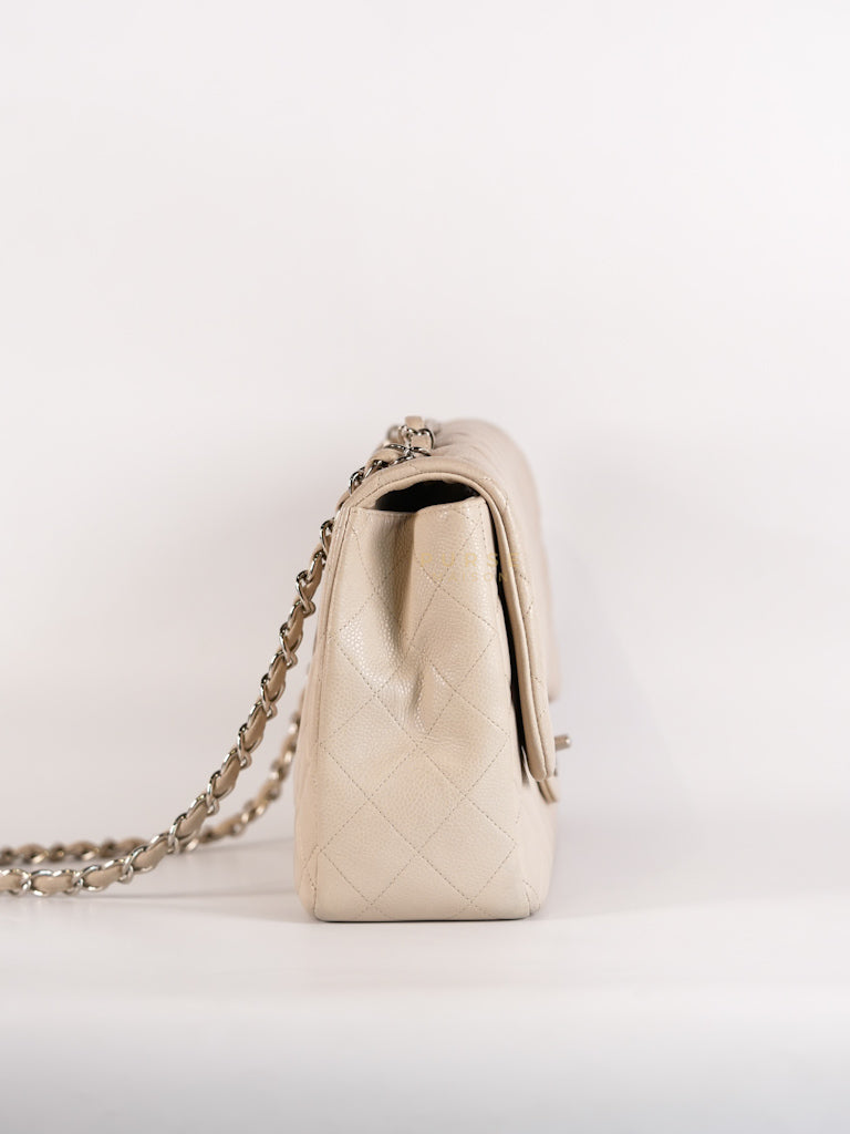 Classic Single Flap Jumbo in Light Gray Caviar Leather and Silver Hardware (Series 14) | Purse Maison Luxury Bags Shop