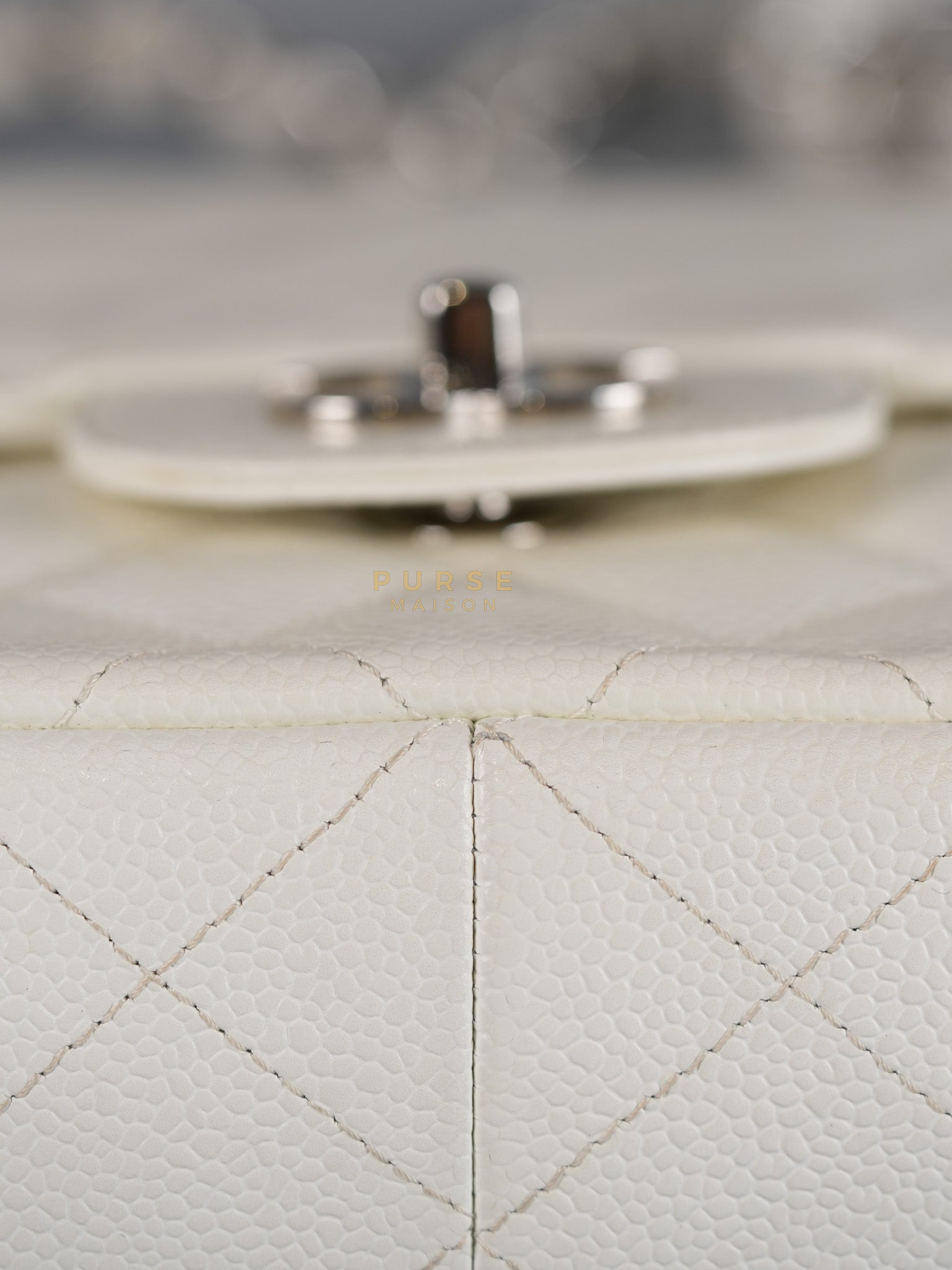 Classic Single Flap Jumbo in White Caviar Leather & Silver Hardware Series 10 | Purse Maison Luxury Bags Shop