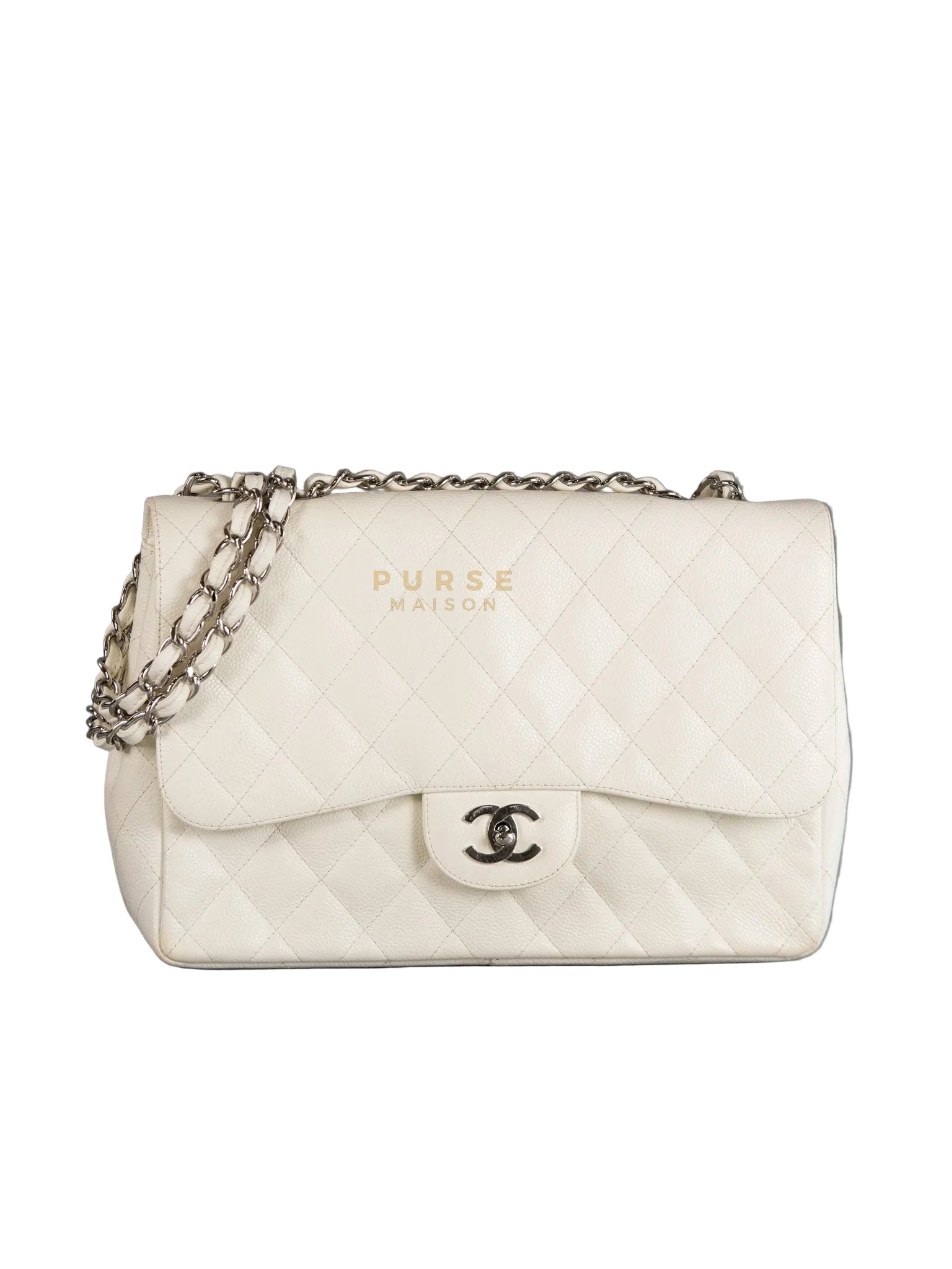 Classic Single Flap Jumbo in White Caviar Leather & Silver Hardware Series 10 | Purse Maison Luxury Bags Shop