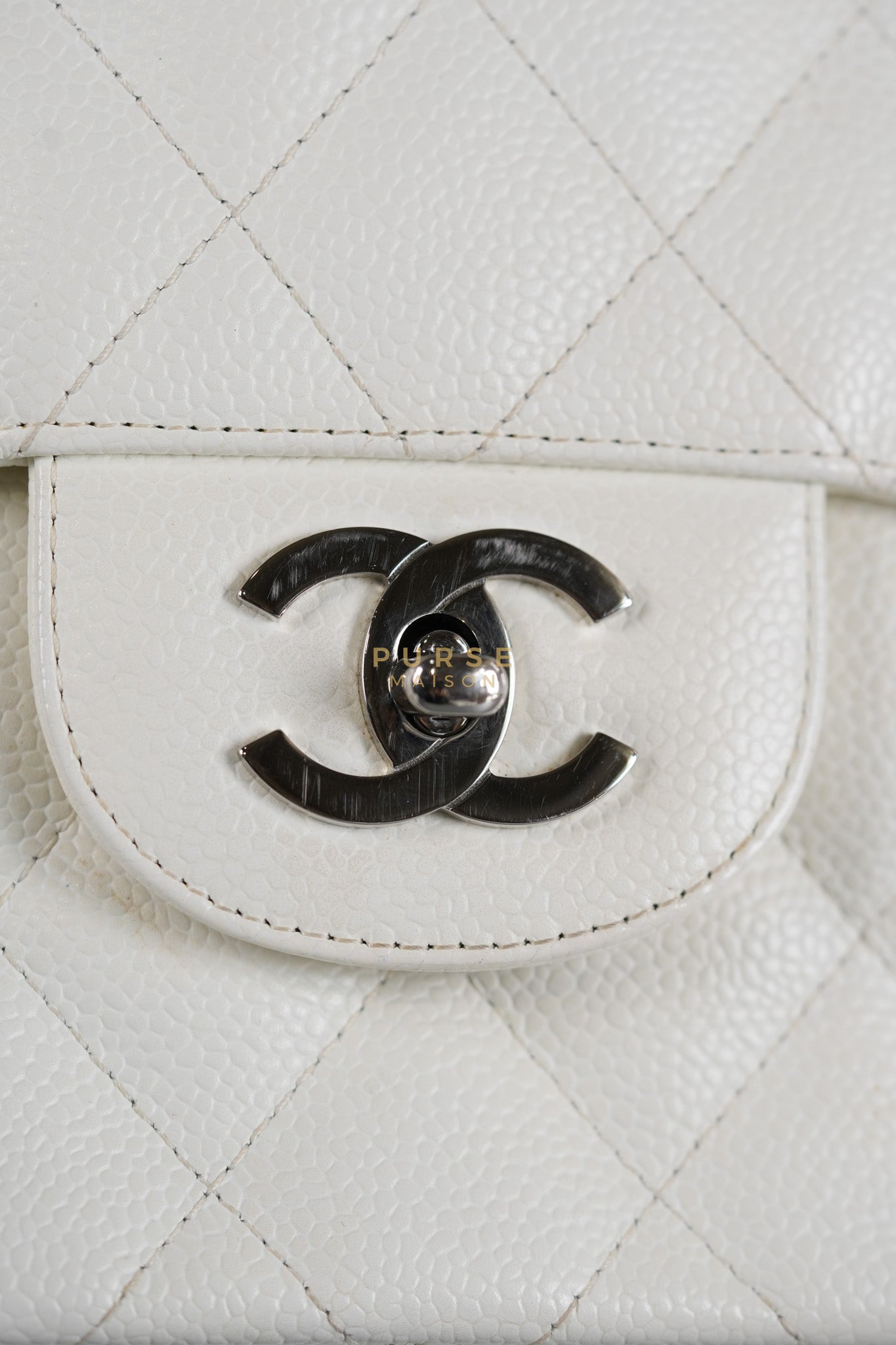 Classic Single Flap Jumbo in White Caviar Leather & Silver Hardware Series 10 | Purse Maison Luxury Bags Shop