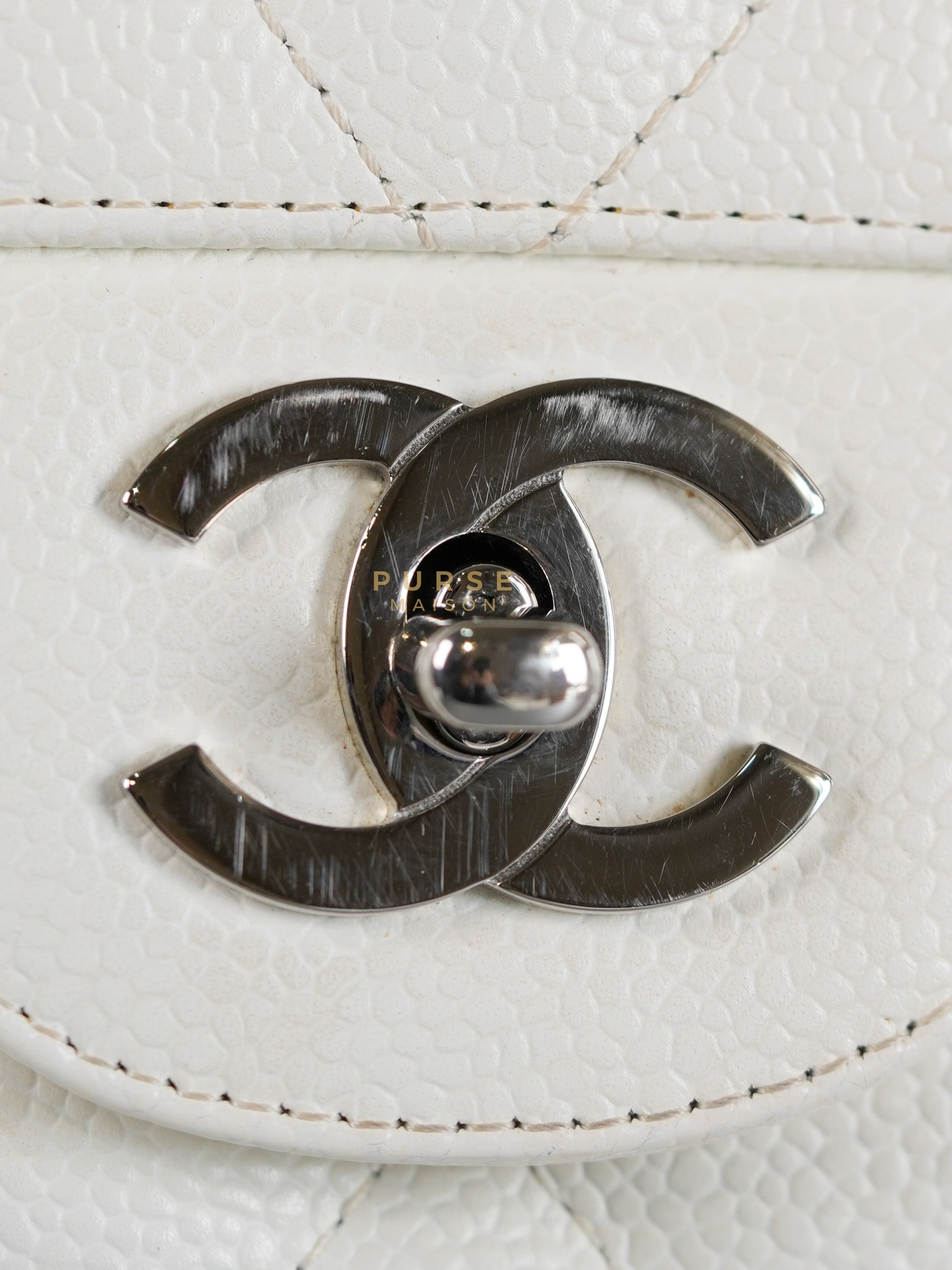 Classic Single Flap Jumbo in White Caviar Leather & Silver Hardware Series 10 | Purse Maison Luxury Bags Shop