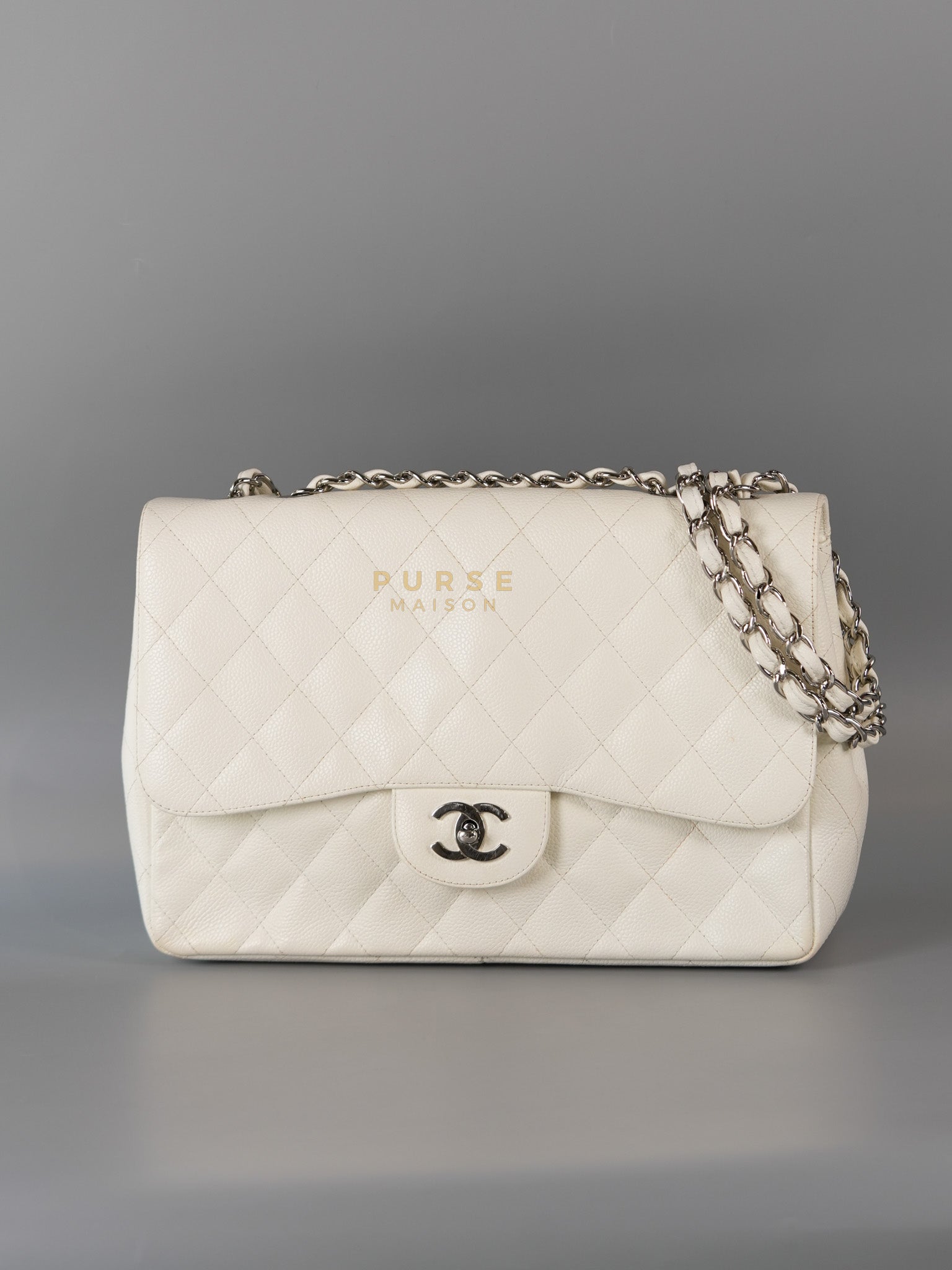 Classic Single Flap Jumbo in White Caviar Leather & Silver Hardware Series 10 | Purse Maison Luxury Bags Shop