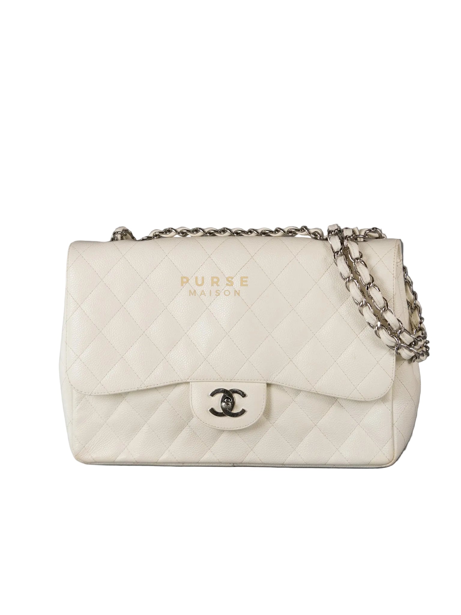 Classic Single Flap Jumbo in White Caviar Leather & Silver Hardware Series 10 | Purse Maison Luxury Bags Shop