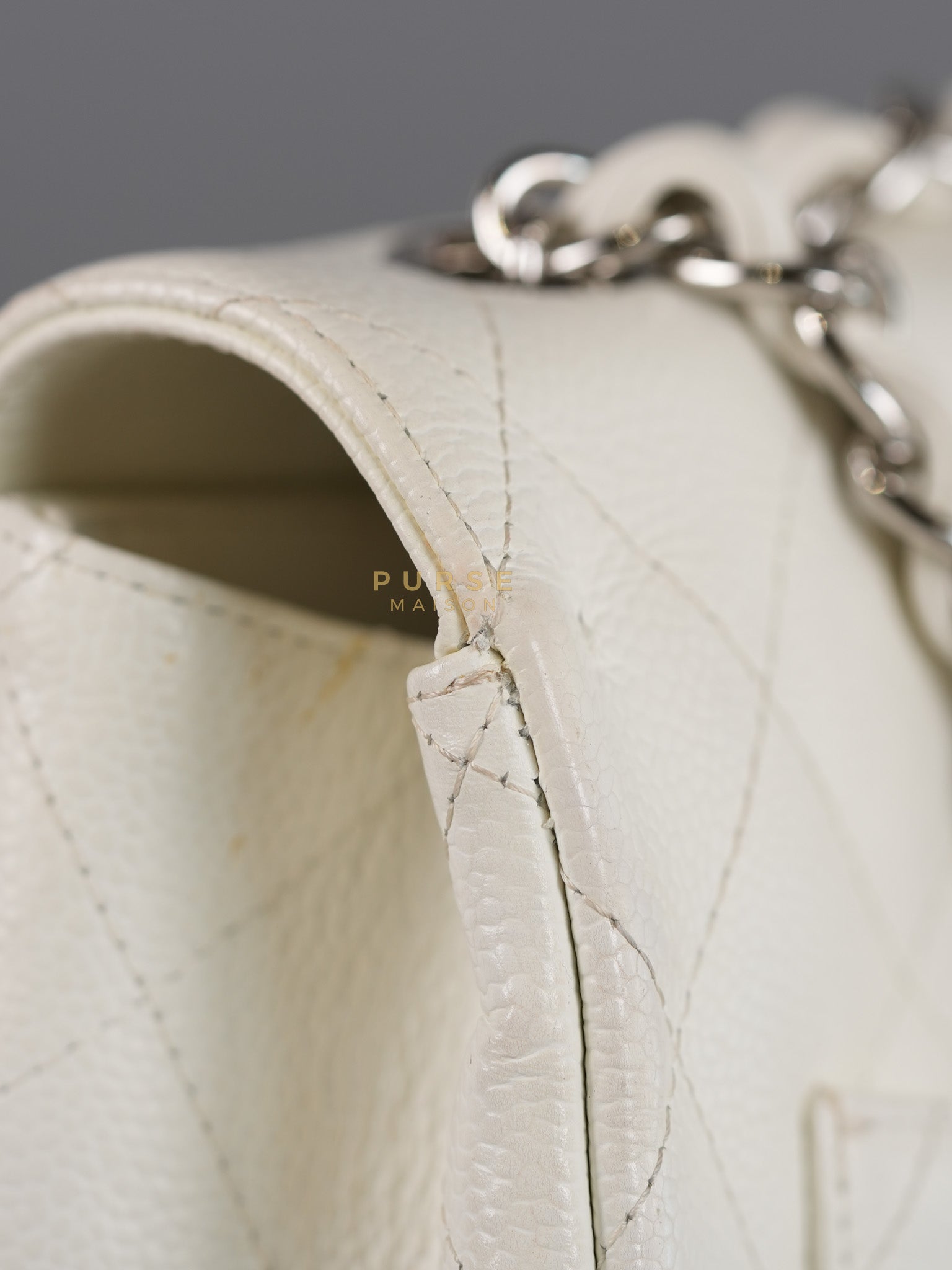 Classic Single Flap Jumbo in White Caviar Leather & Silver Hardware Series 10 | Purse Maison Luxury Bags Shop