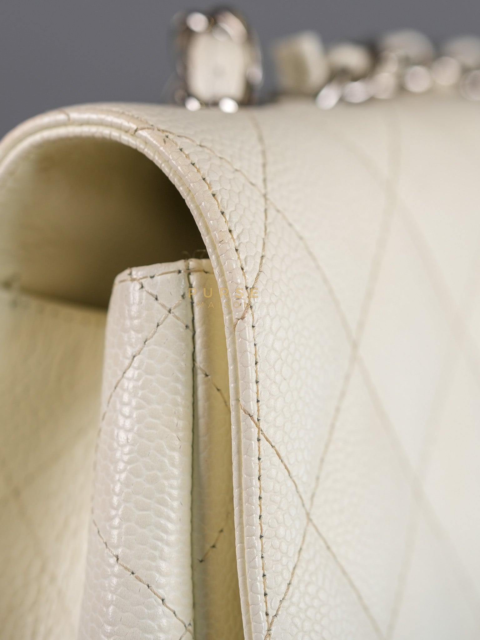 Classic Single Flap Jumbo in White Caviar Leather & Silver Hardware Series 10 | Purse Maison Luxury Bags Shop