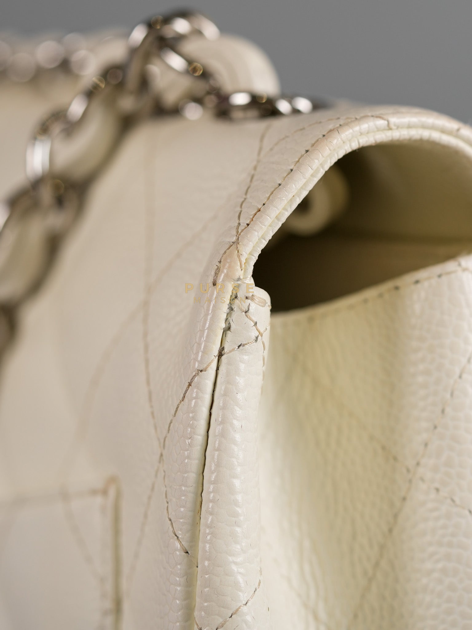 Classic Single Flap Jumbo in White Caviar Leather & Silver Hardware Series 10 | Purse Maison Luxury Bags Shop