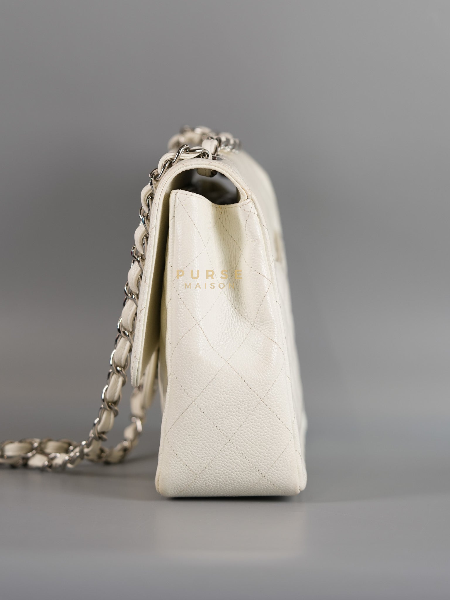 Classic Single Flap Jumbo in White Caviar Leather & Silver Hardware Series 10 | Purse Maison Luxury Bags Shop