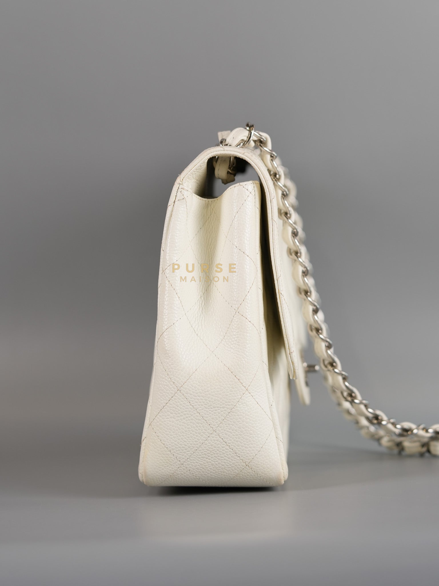 Classic Single Flap Jumbo in White Caviar Leather & Silver Hardware Series 10 | Purse Maison Luxury Bags Shop