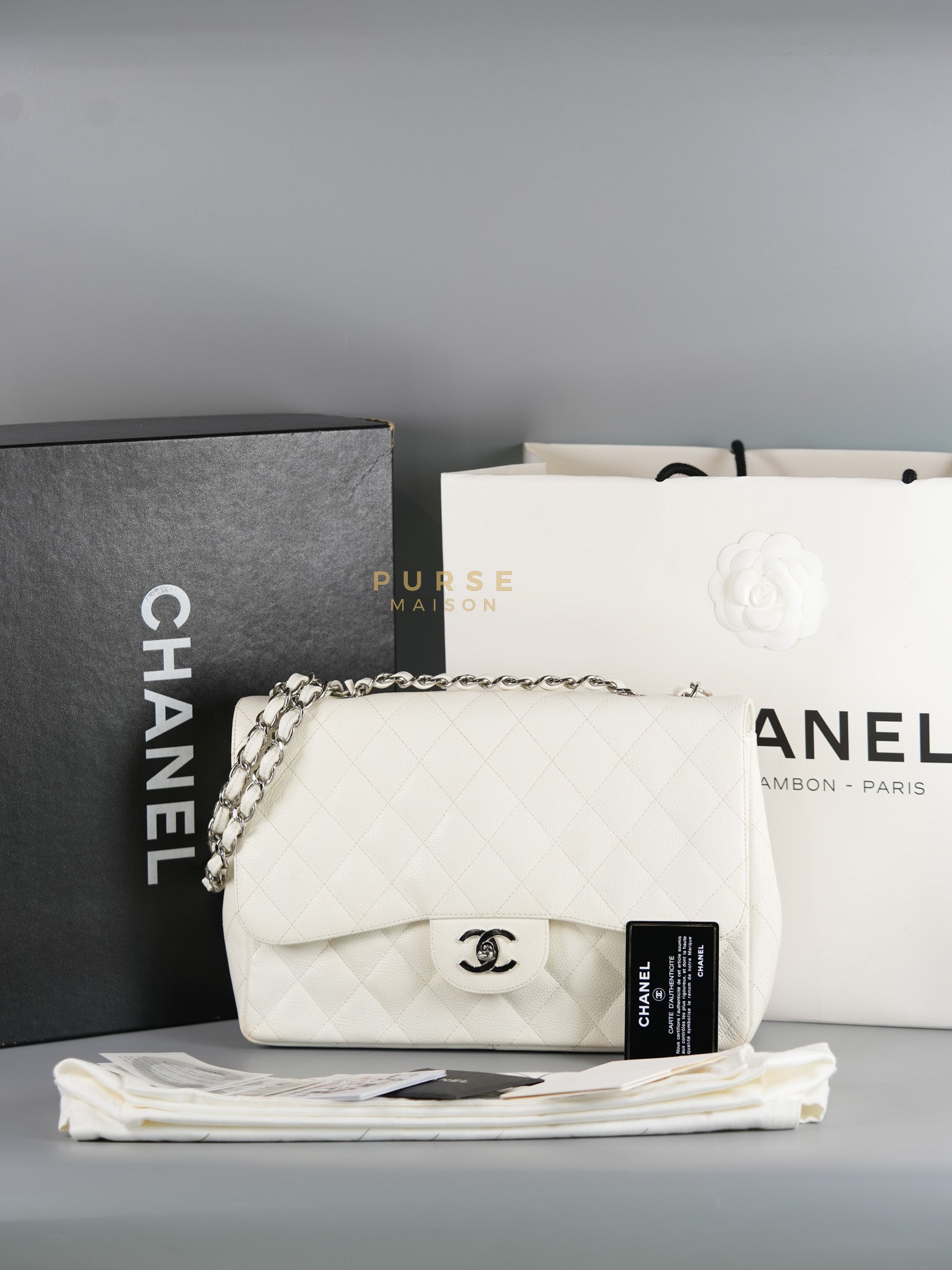 Classic Single Flap Jumbo in White Caviar Leather & Silver Hardware Series 10 | Purse Maison Luxury Bags Shop